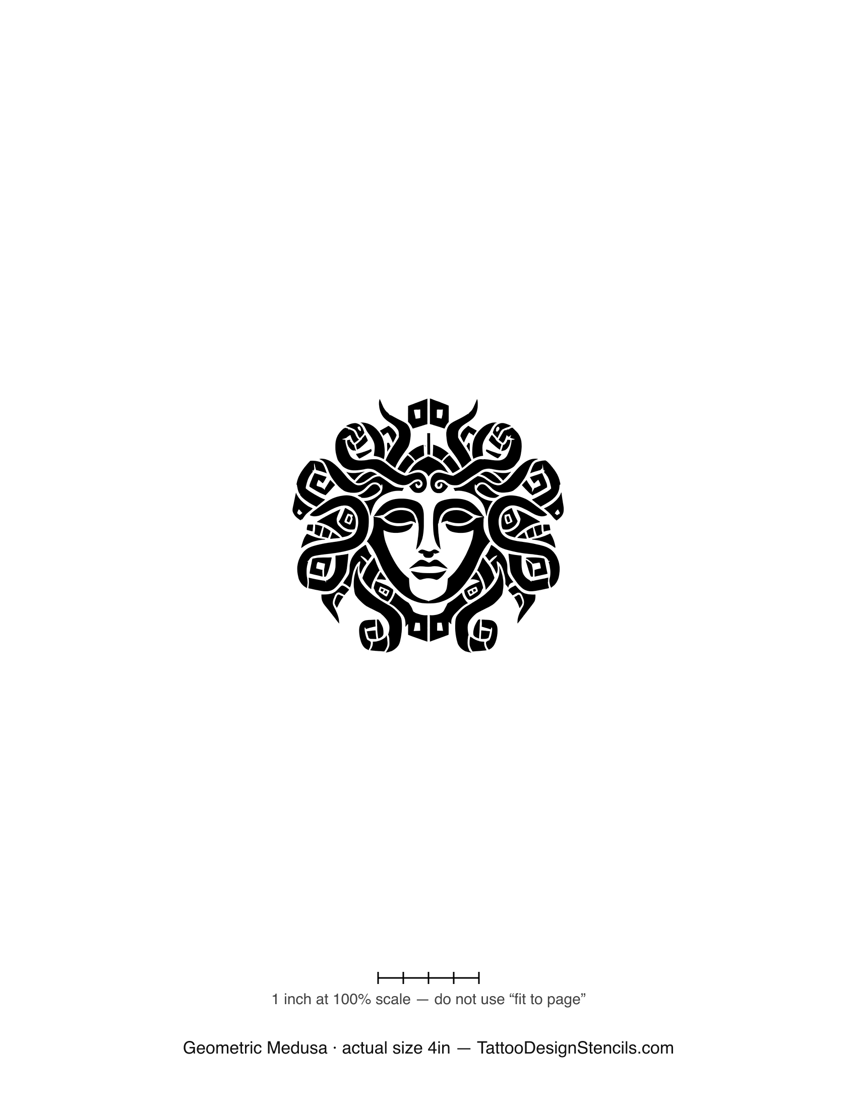Geometric Medusa tattoo stencil — angular faceted face with Greek key motifs