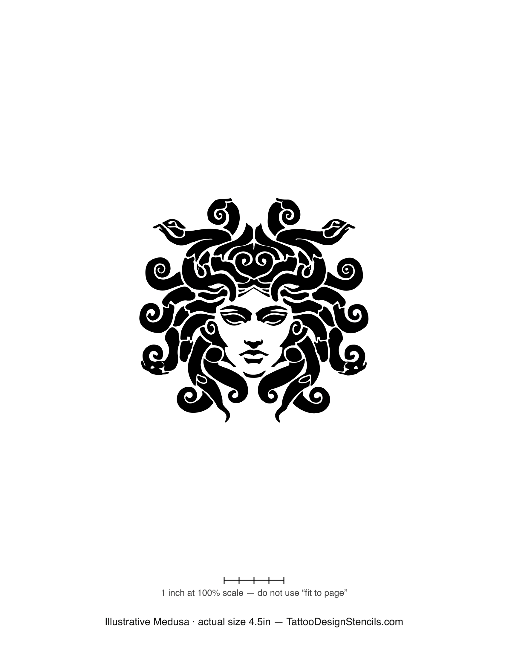 Illustrative Medusa tattoo stencil — bold clean symmetric classical portrait