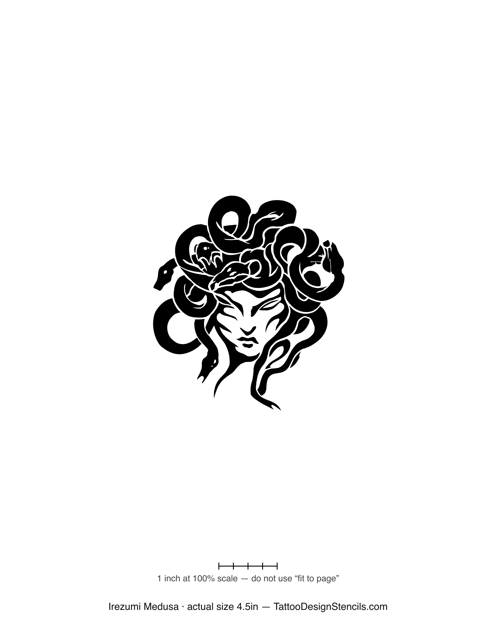 Japanese irezumi Medusa tattoo stencil — woodblock linework with flowing snakes