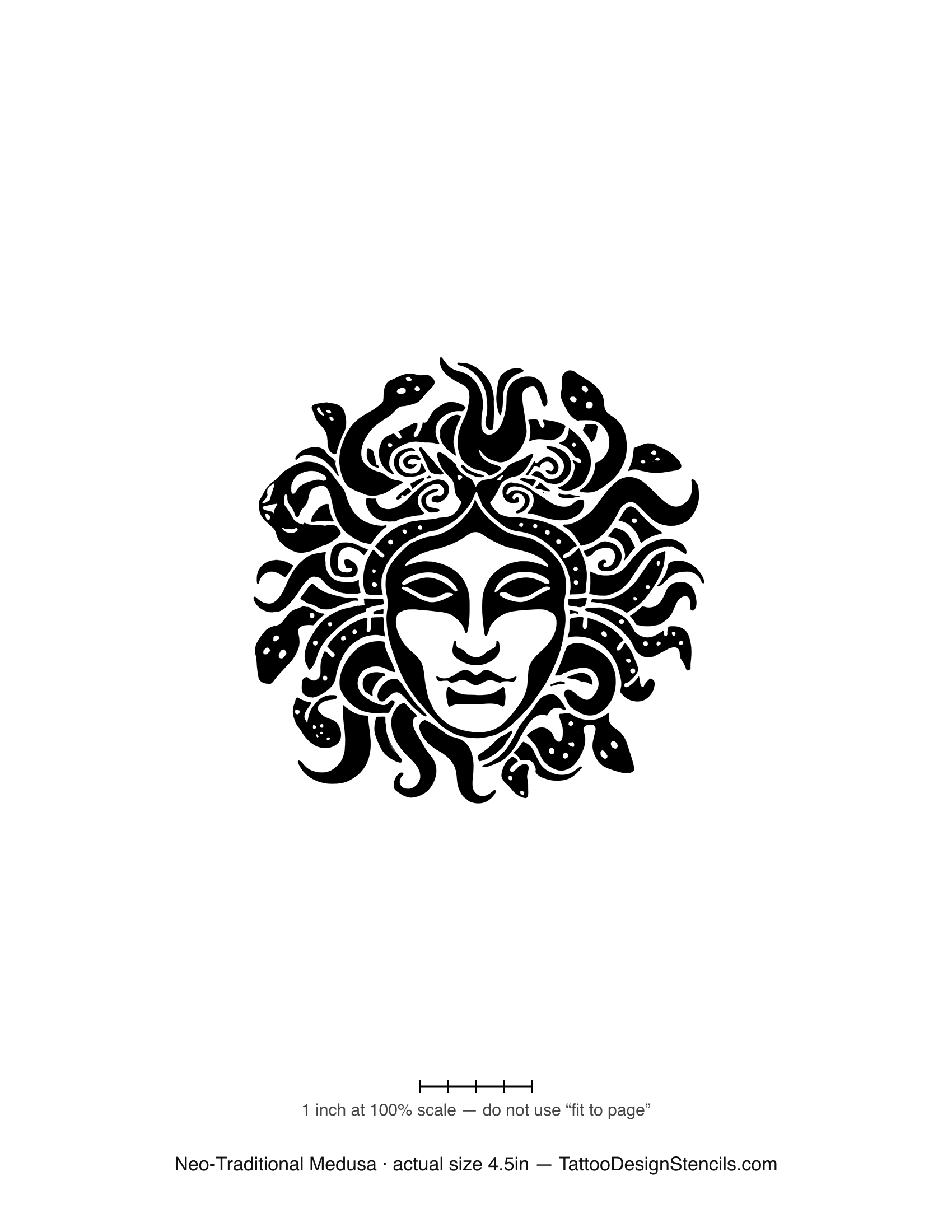 Neo-traditional Medusa tattoo stencil — elegant face with decorative snakes