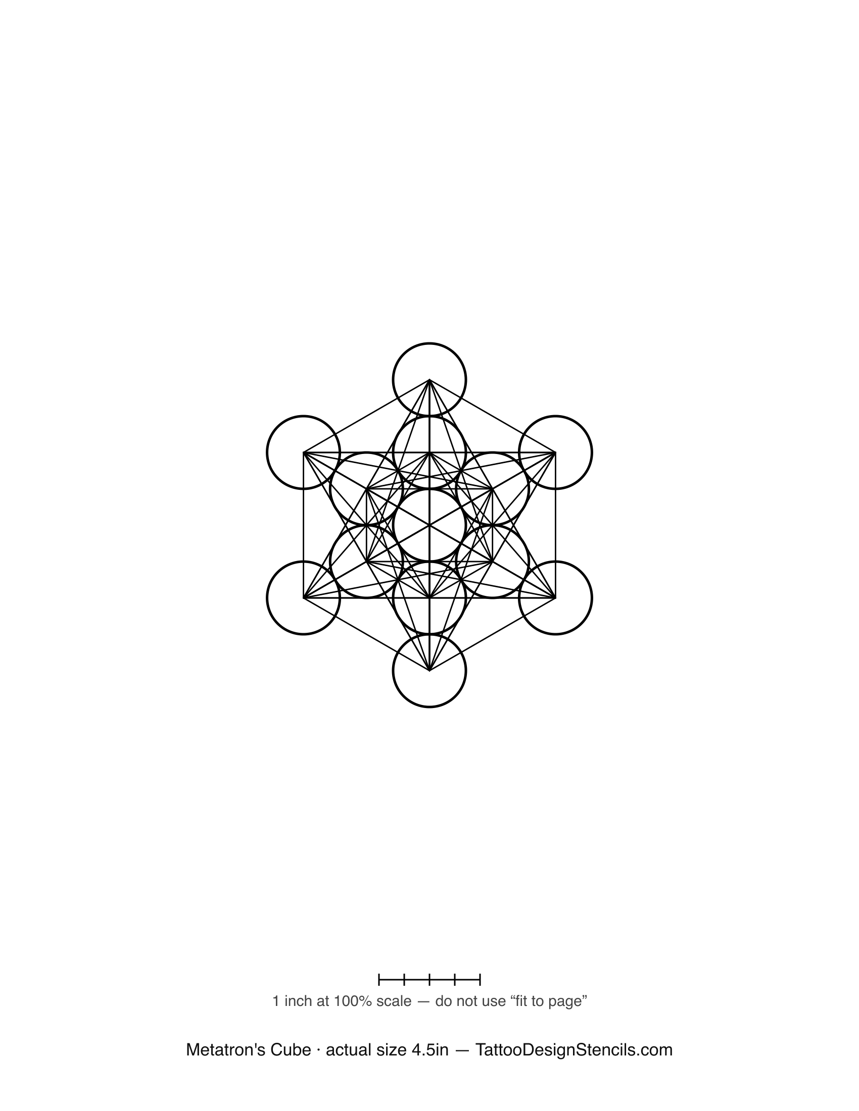 Metatron's cube tattoo stencil — thirteen circles joined by straight lines into a sacred geometry lattice