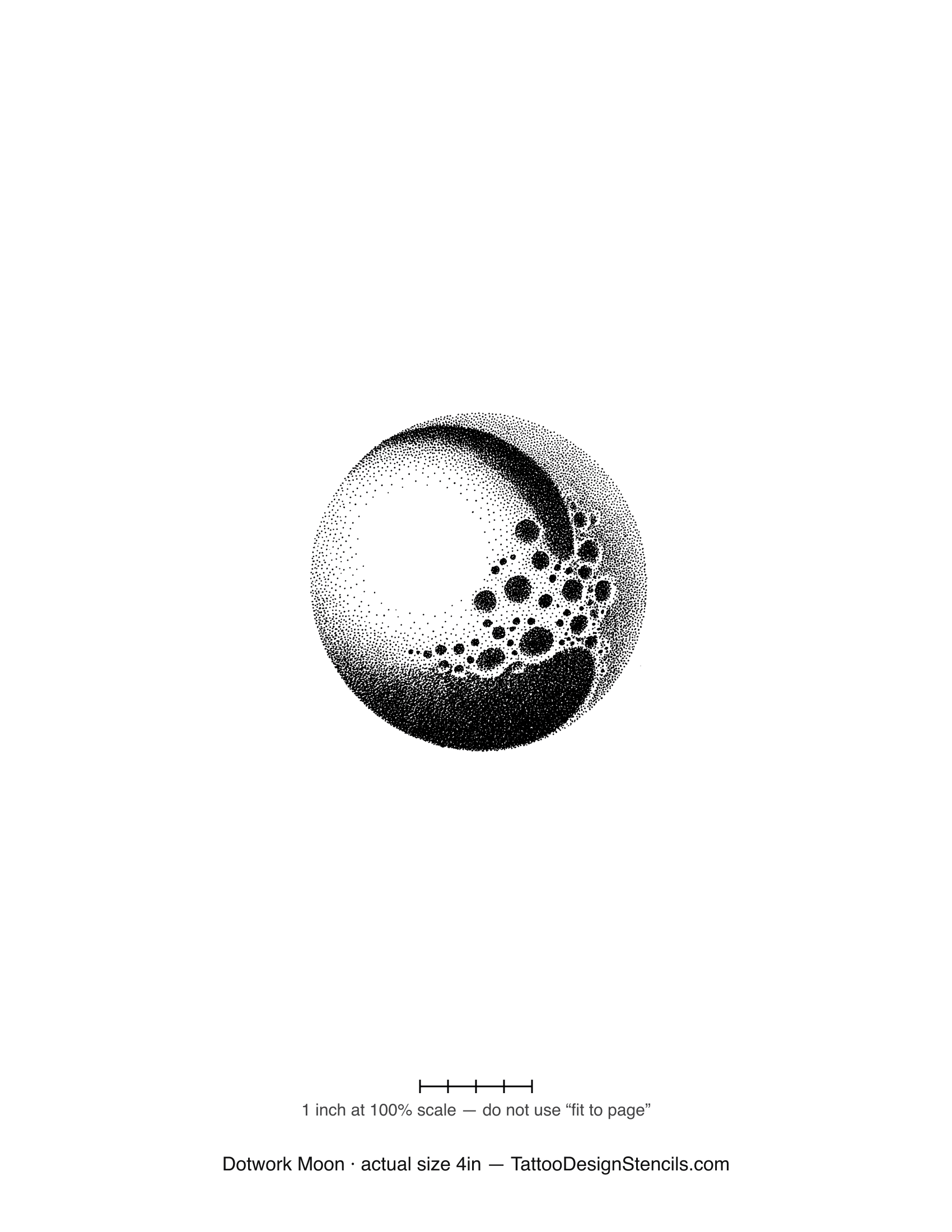 Dotwork moon tattoo stencil — full moon with realistic craters in fine stipple