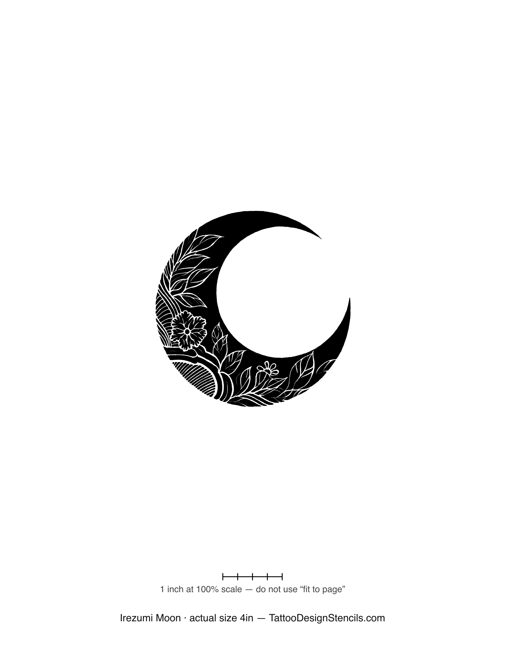 Japanese irezumi moon tattoo stencil — crescent with florals and cloud work