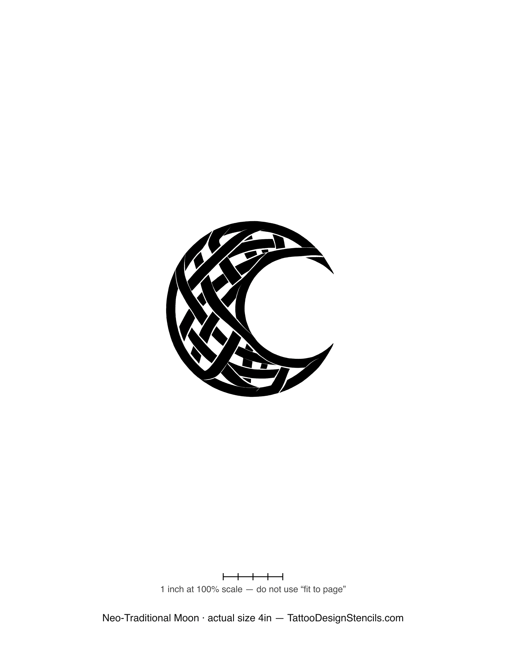 Neo-traditional moon tattoo stencil — bold crescent with patterned fill