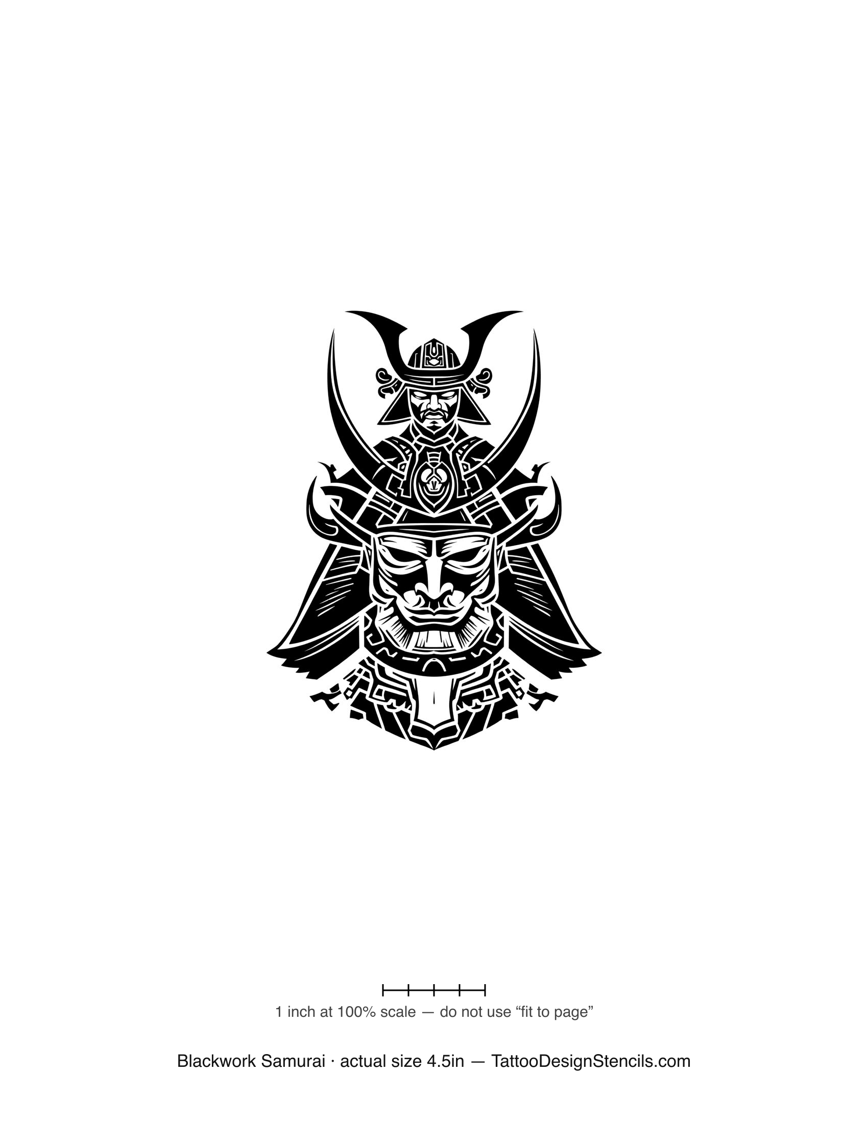 Blackwork samurai tattoo stencil — bold helmet and mask in solid black