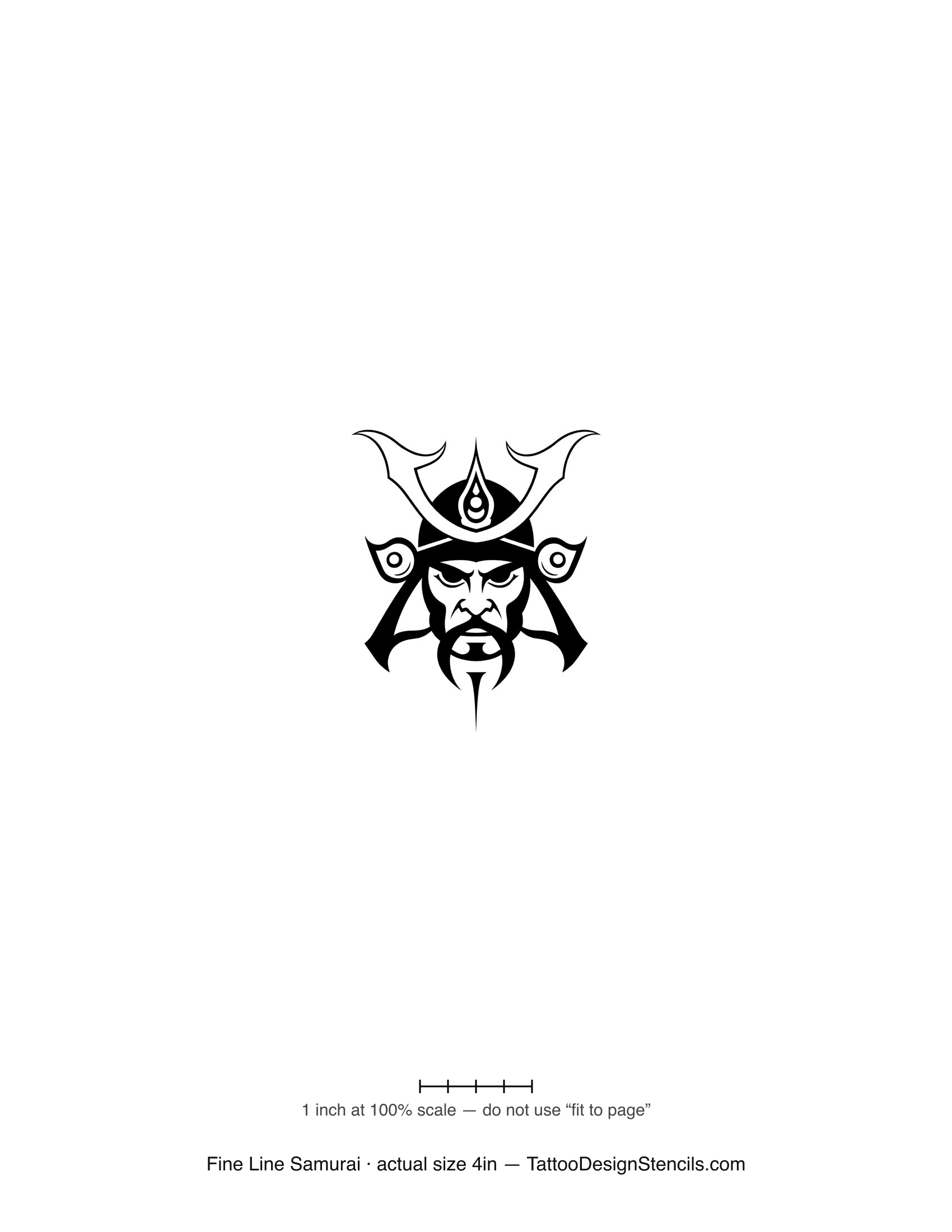Fine line samurai tattoo stencil — helmet and mask in thin linework