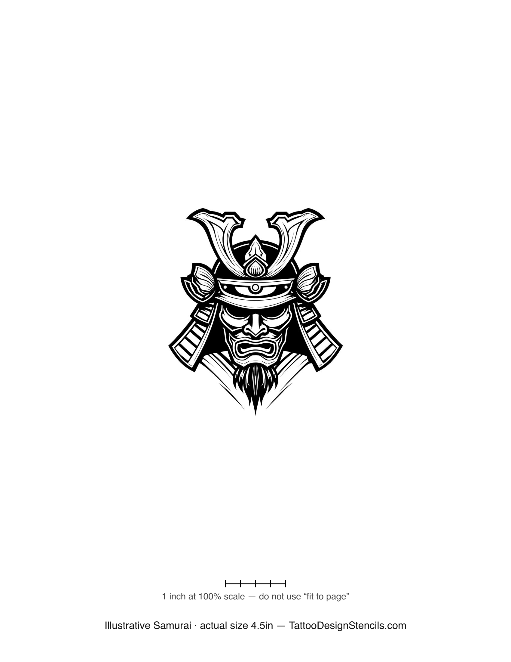 Illustrative samurai tattoo stencil — detailed helmet and mask