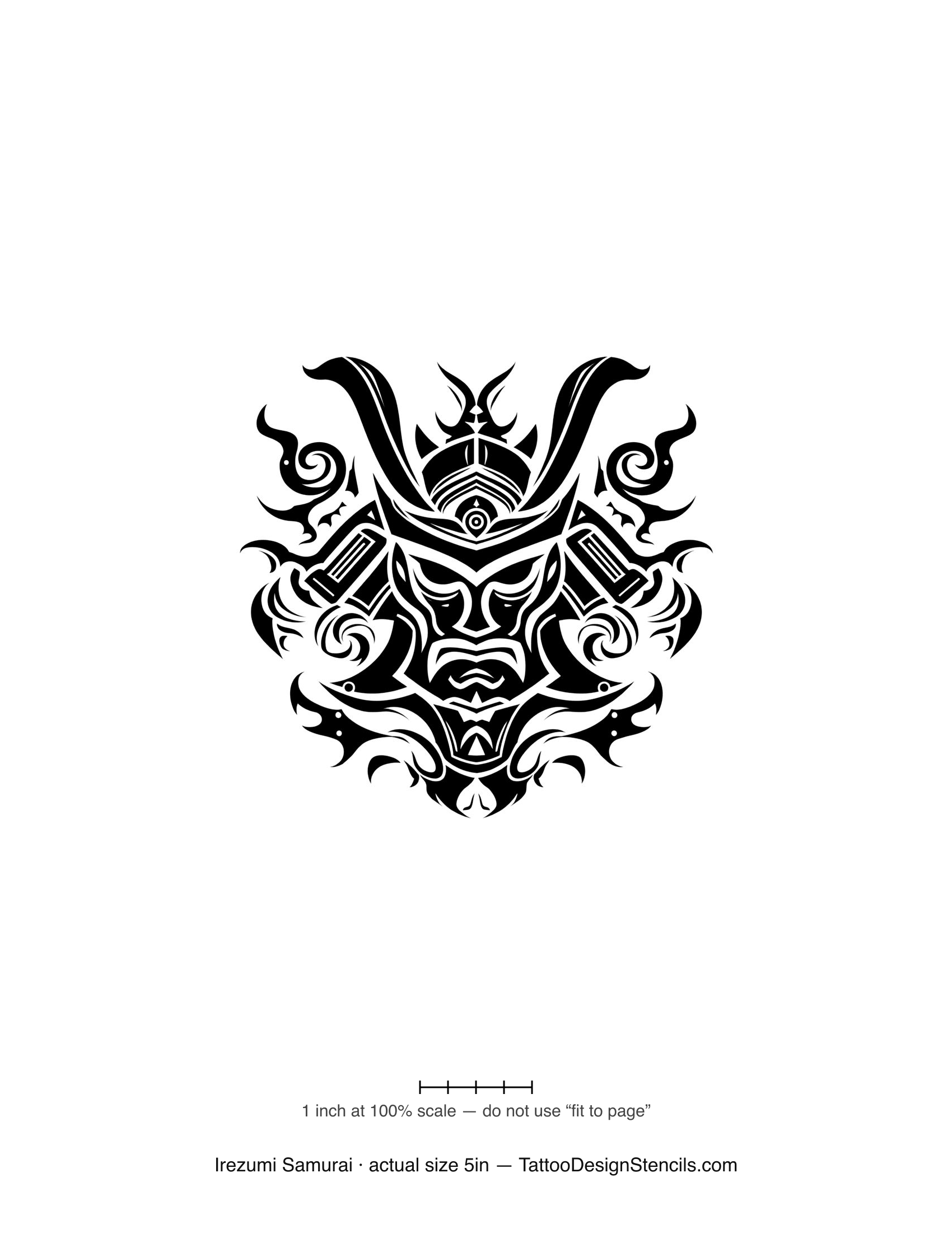 Japanese irezumi samurai tattoo stencil — warrior with wind and cloud work