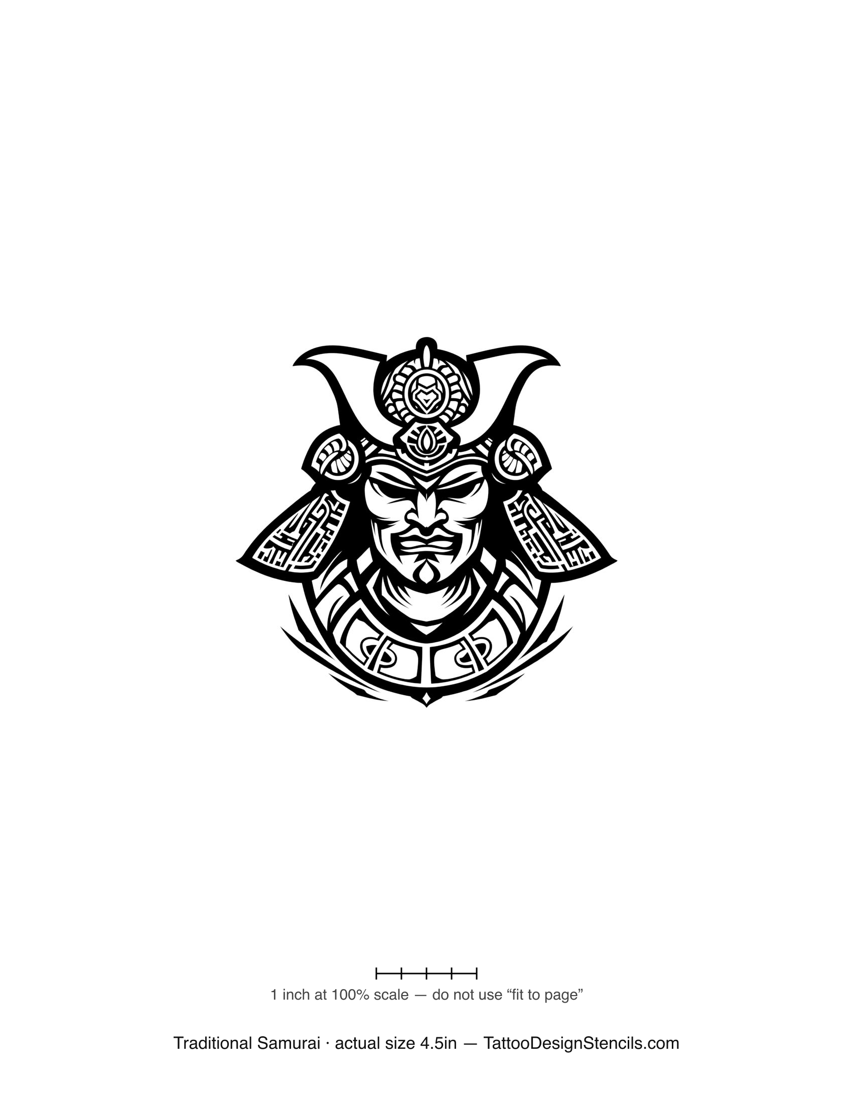Traditional samurai tattoo stencil — bold old-school helmet and mask
