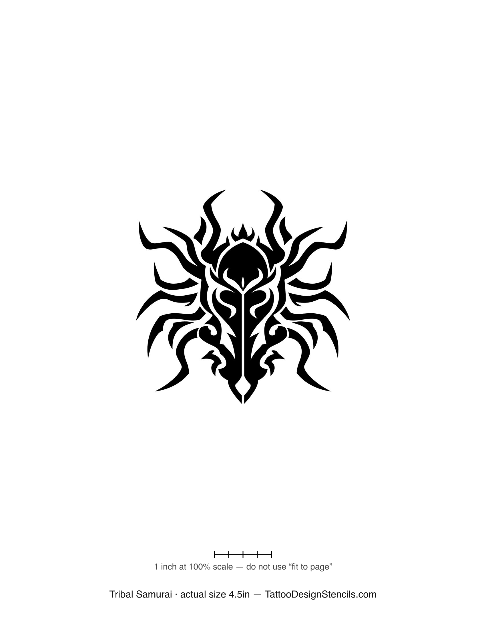 Tribal samurai tattoo stencil — mask in bold tribal flames and blades