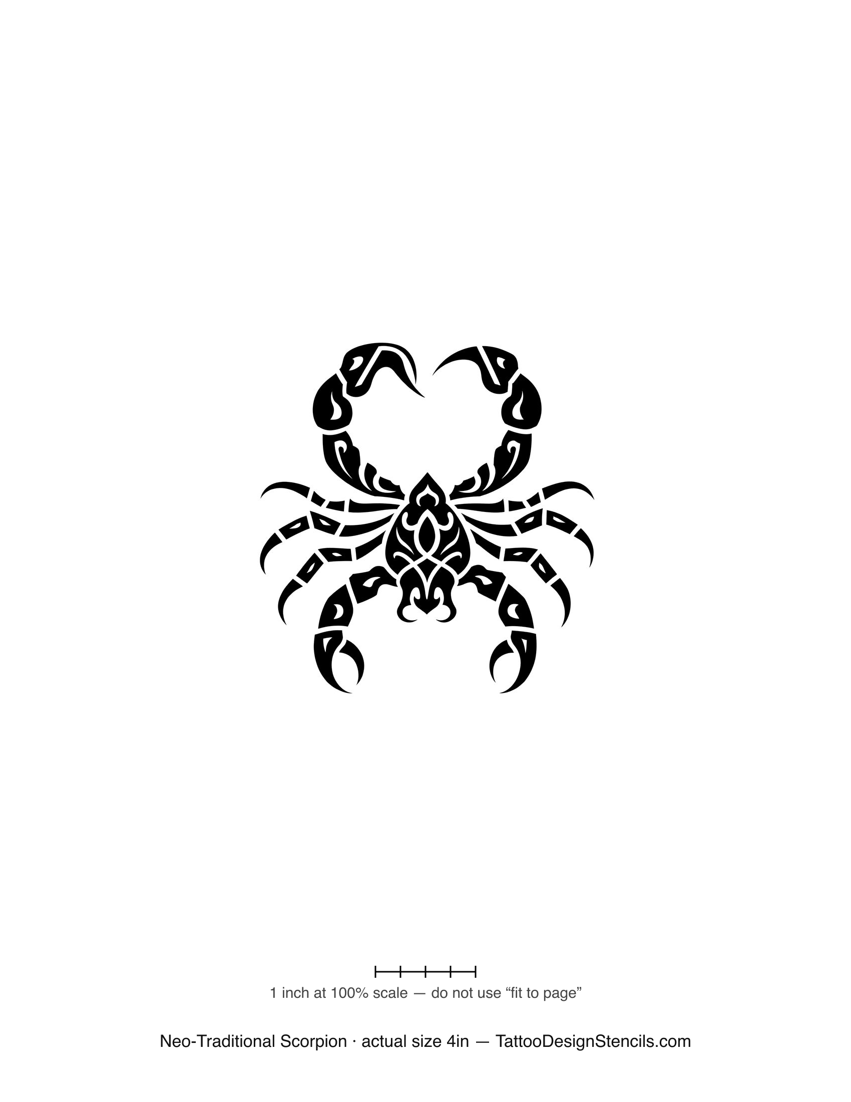 Neo-traditional scorpion tattoo stencil — ornate scorpion with decorative claws