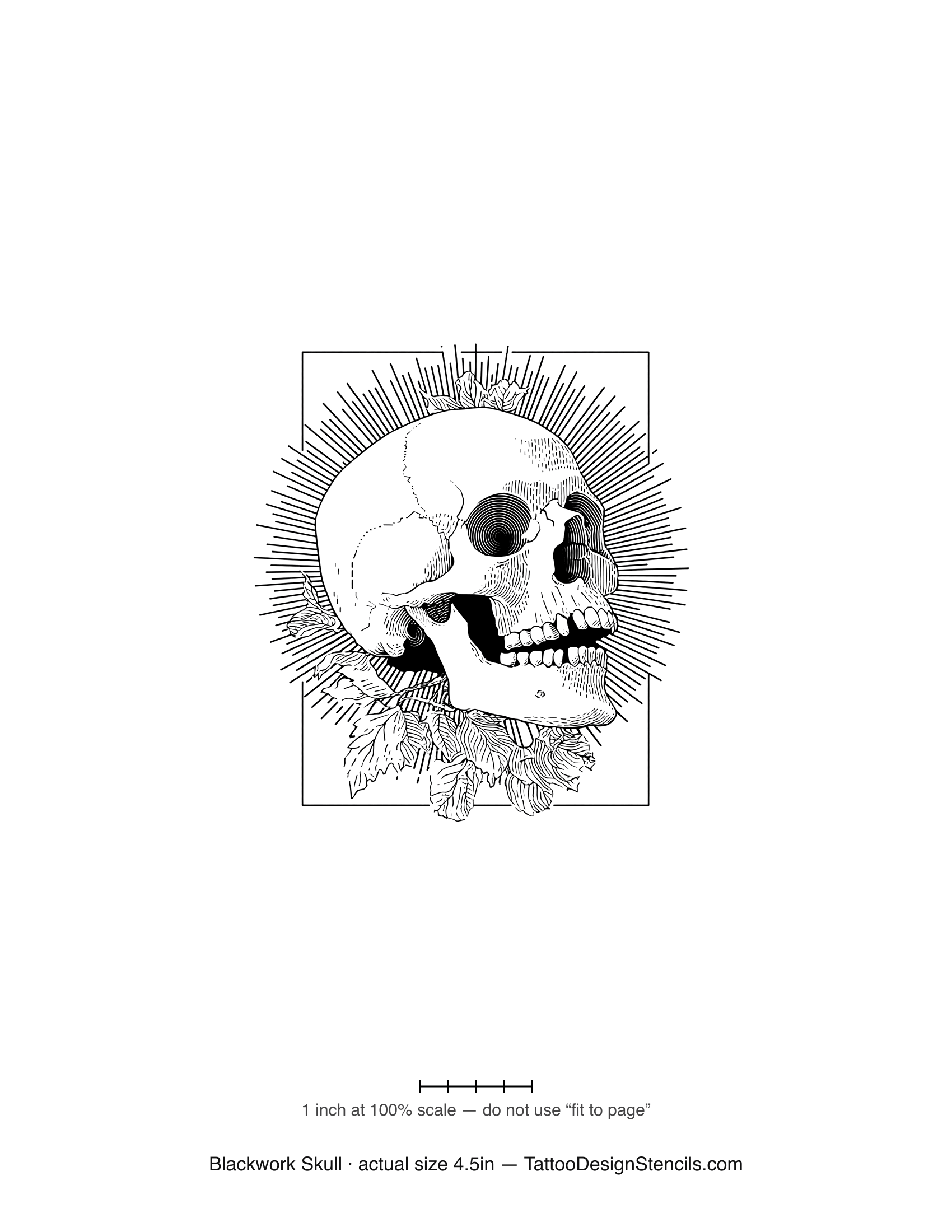 Blackwork skull tattoo stencil — skull with sunburst and florals in bold black