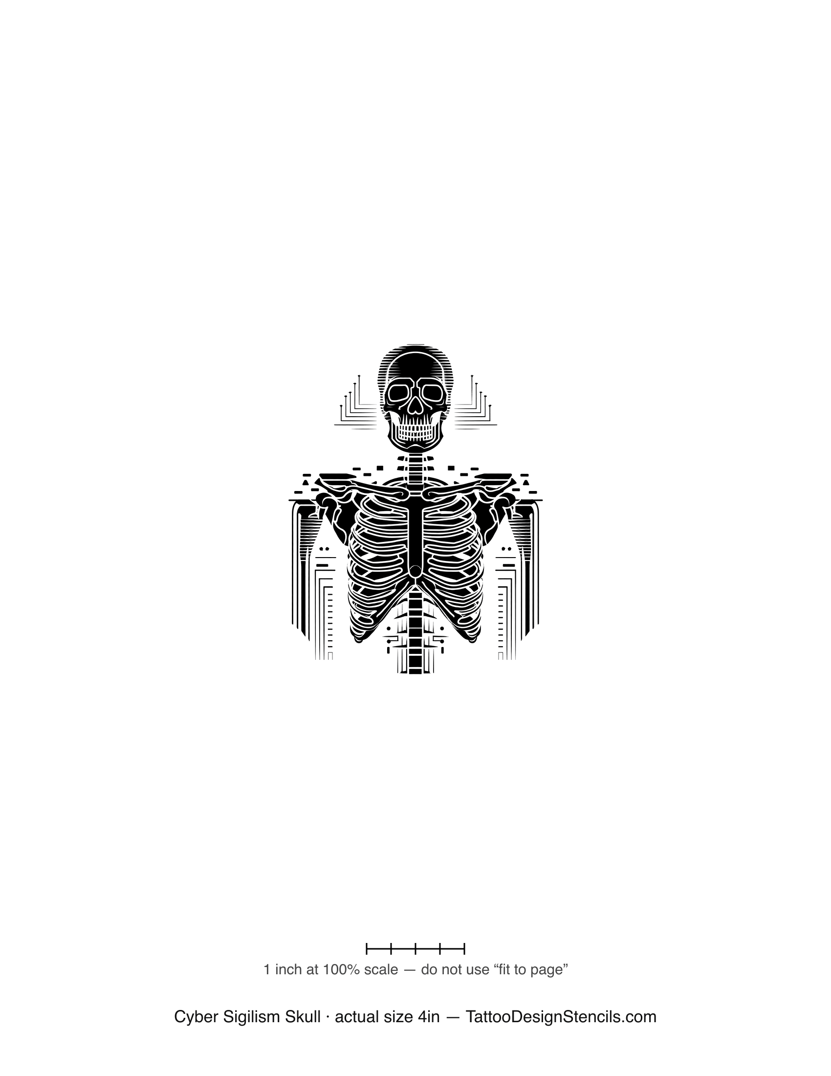 Cyber sigilism skull tattoo stencil — skull fused with circuit-trace linework