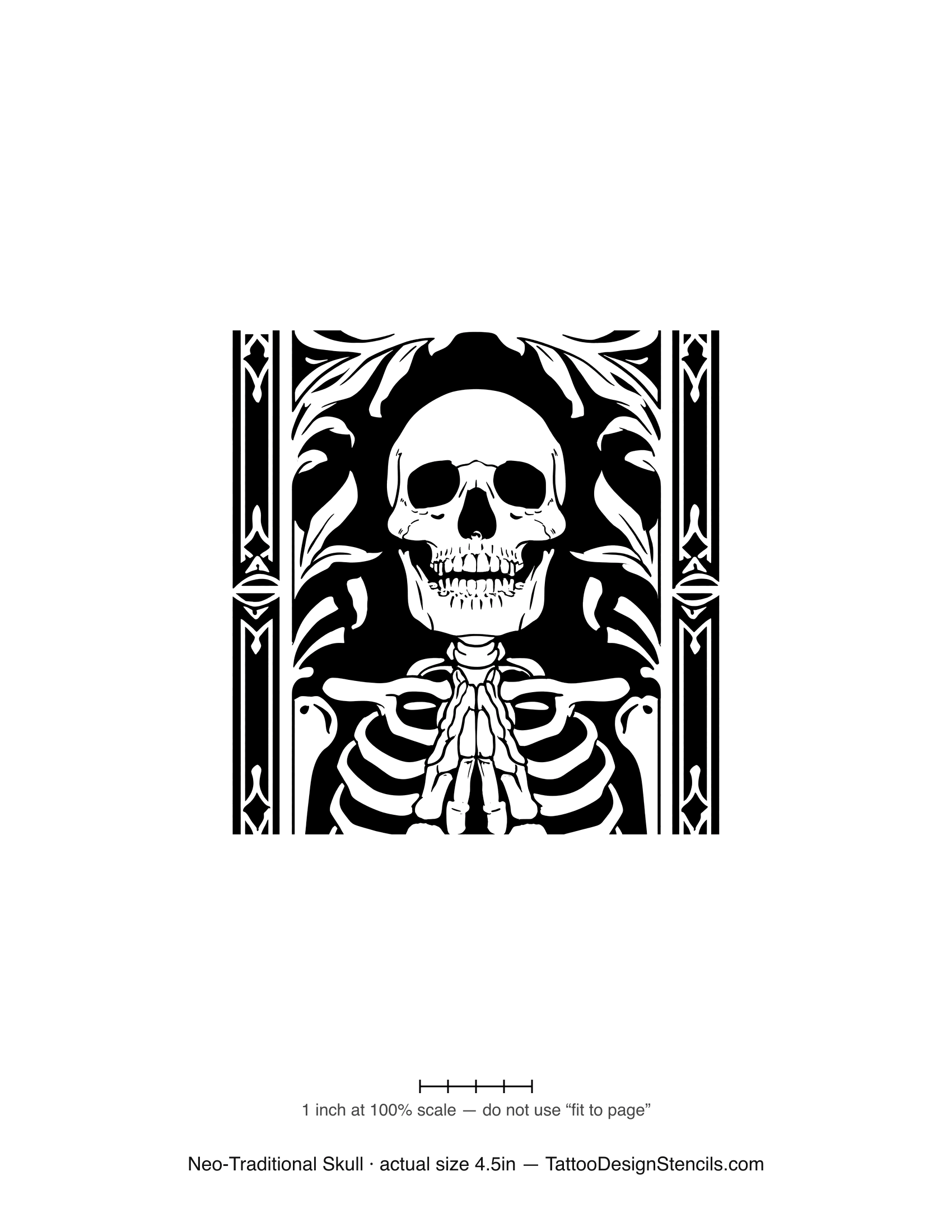 Neo-traditional skull tattoo stencil — bold skull with ornamental framing