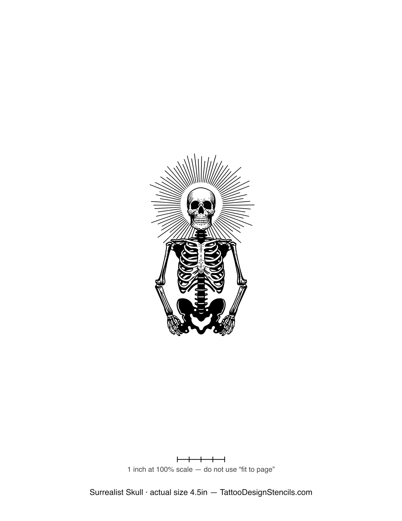 Surrealist skull tattoo stencil — skull crowned by a radiant halo of rays