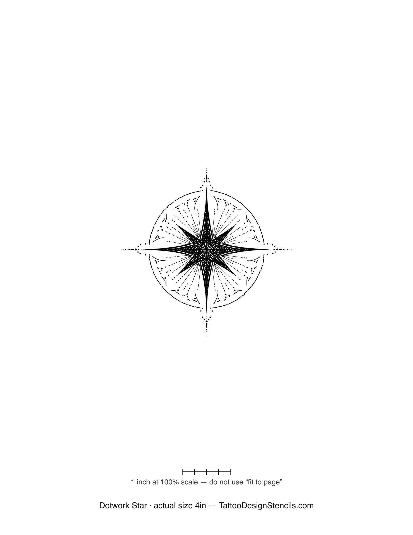 Dotwork star tattoo stencil — radiant star with dotted rays