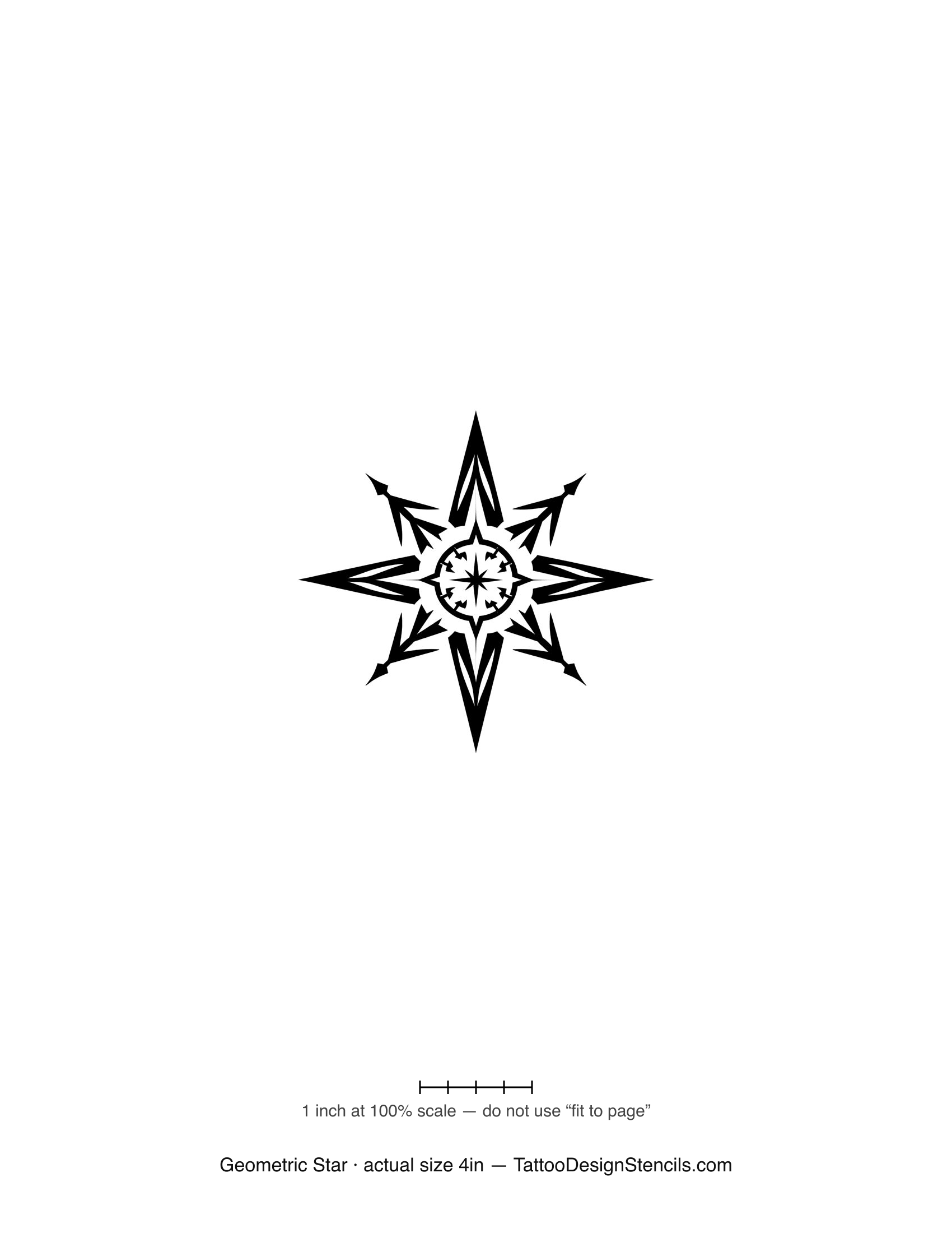 Geometric star tattoo stencil — symmetric eight-point star with ringed core