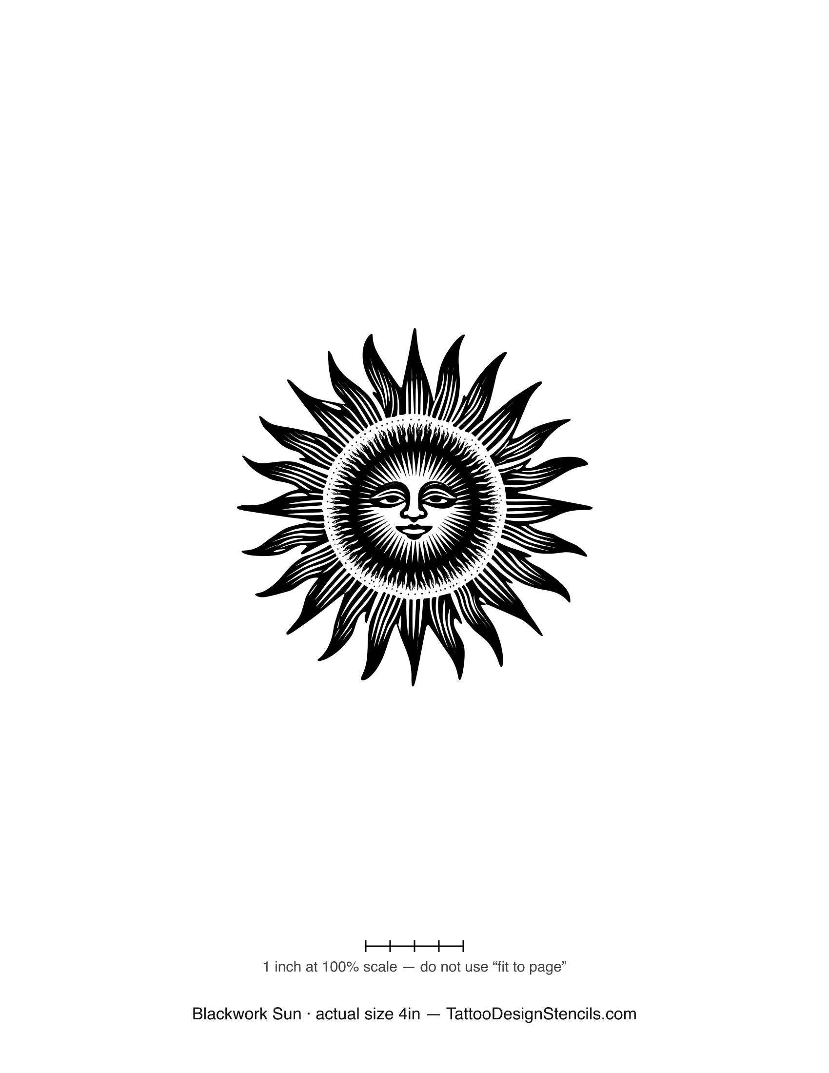 Blackwork sun tattoo stencil — radiant sun with engraved face in bold black