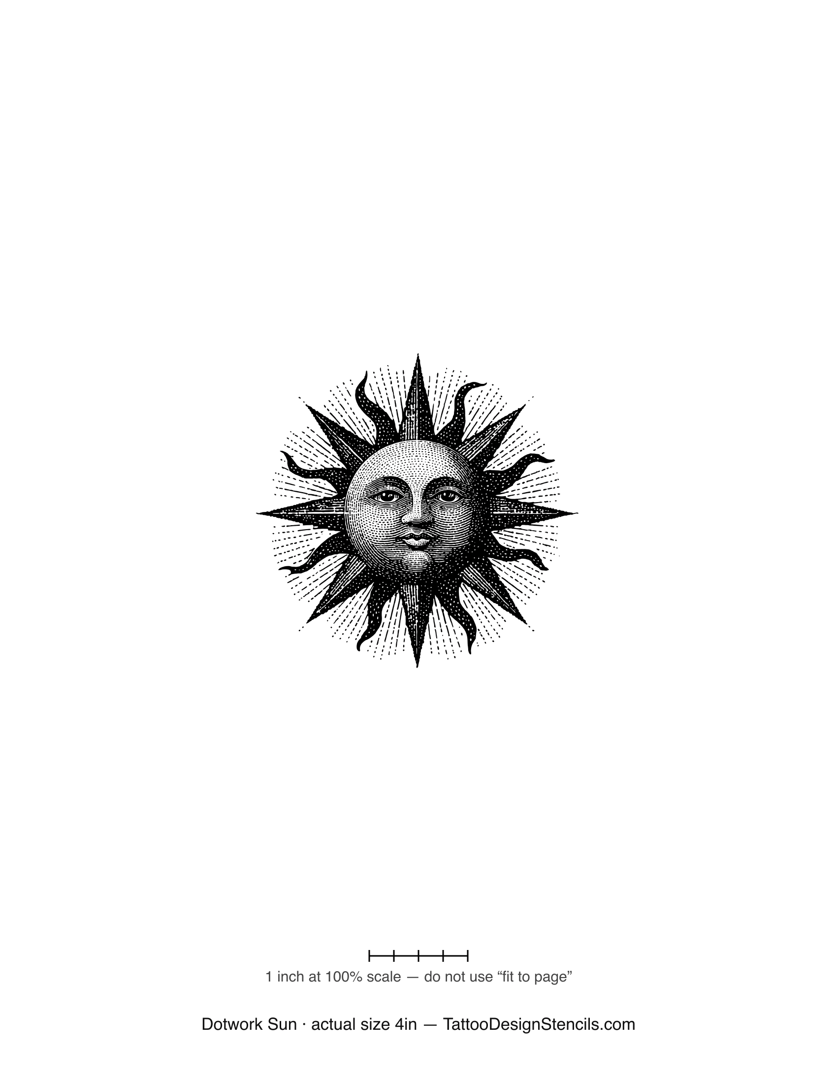 Dotwork sun tattoo stencil — vintage sun face in fine stipple shading