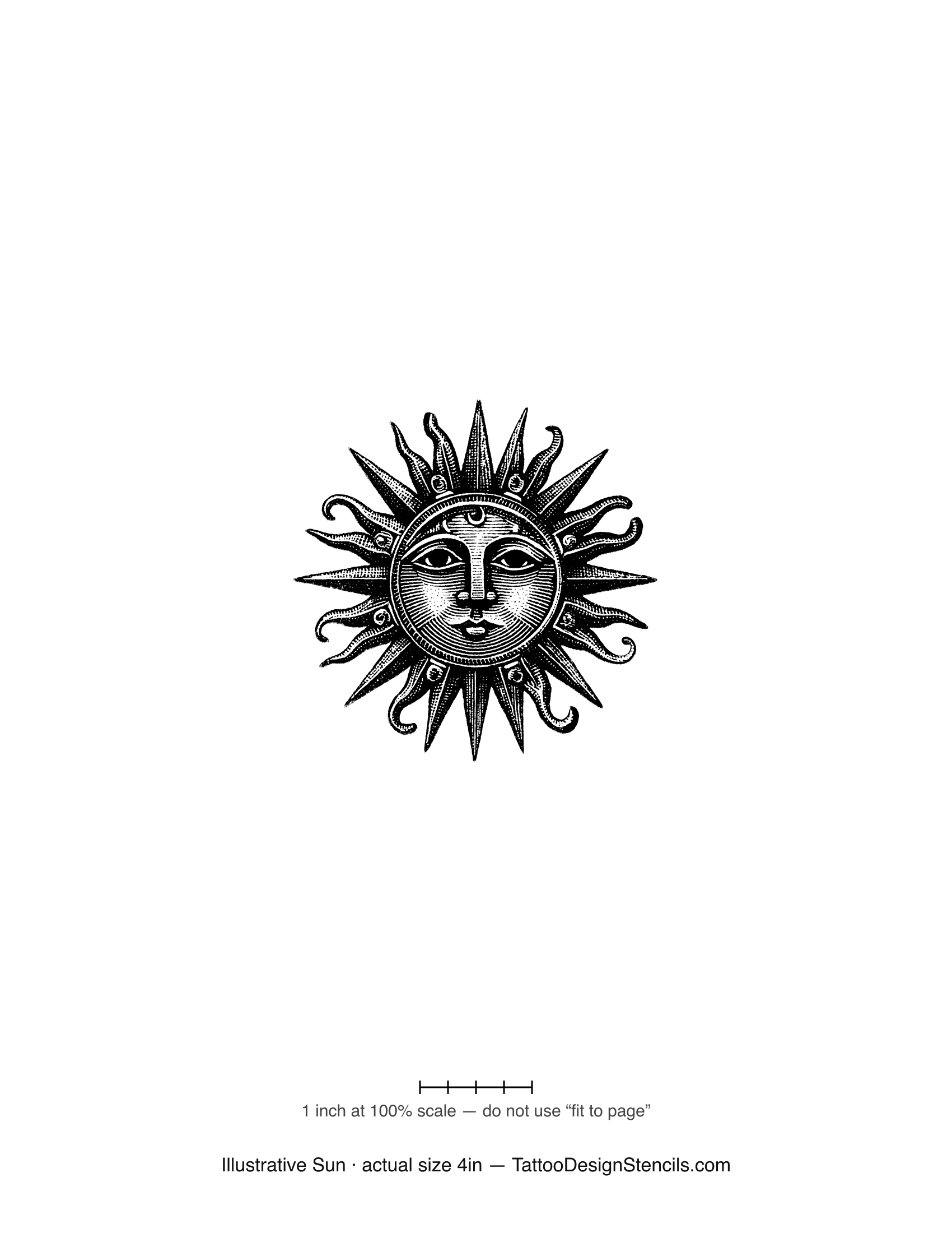 Illustrative sun tattoo stencil — vintage engraved sun face with radiating rays