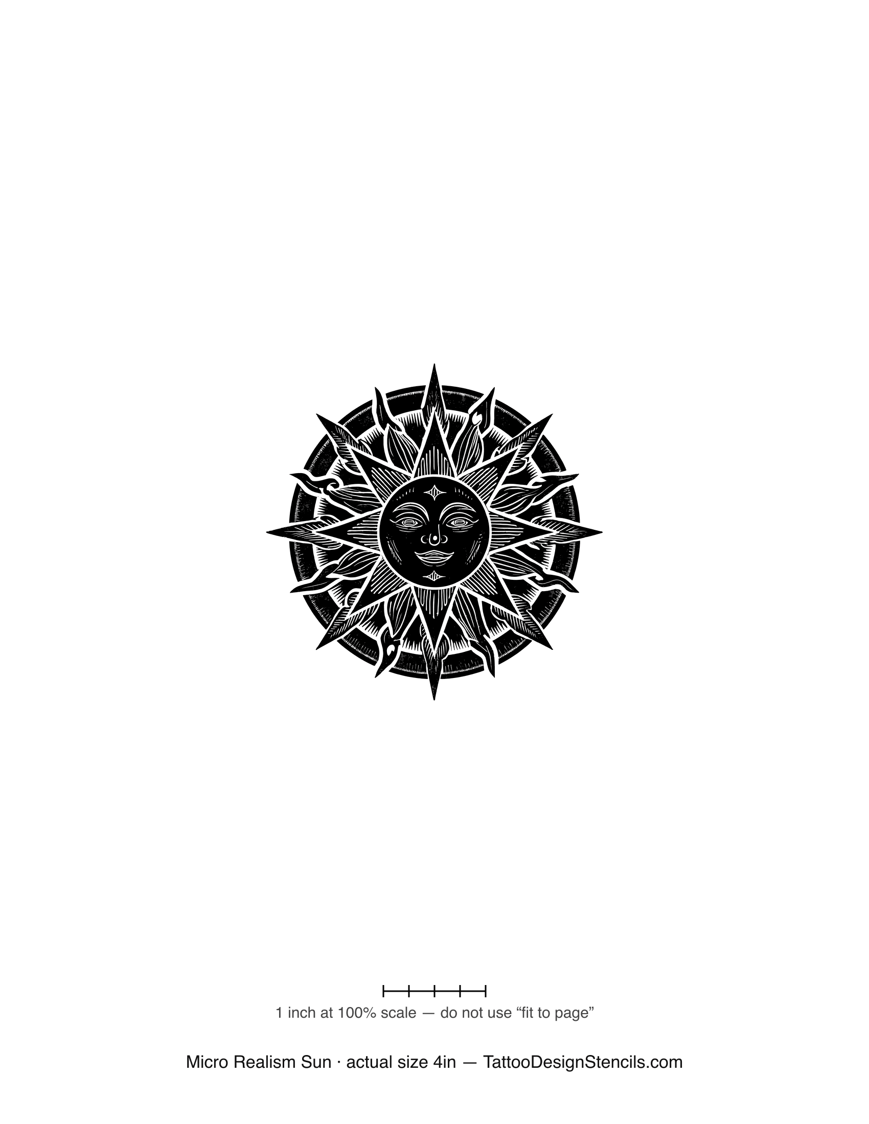 Micro realism sun tattoo stencil — intricate detailed Aztec sun face
