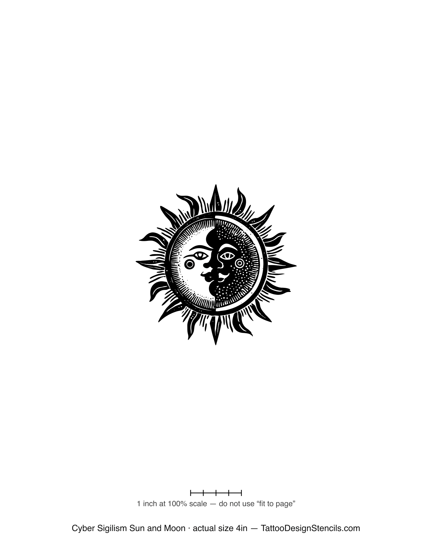 Cyber sigilism sun and moon tattoo stencil — spiked celestial linework