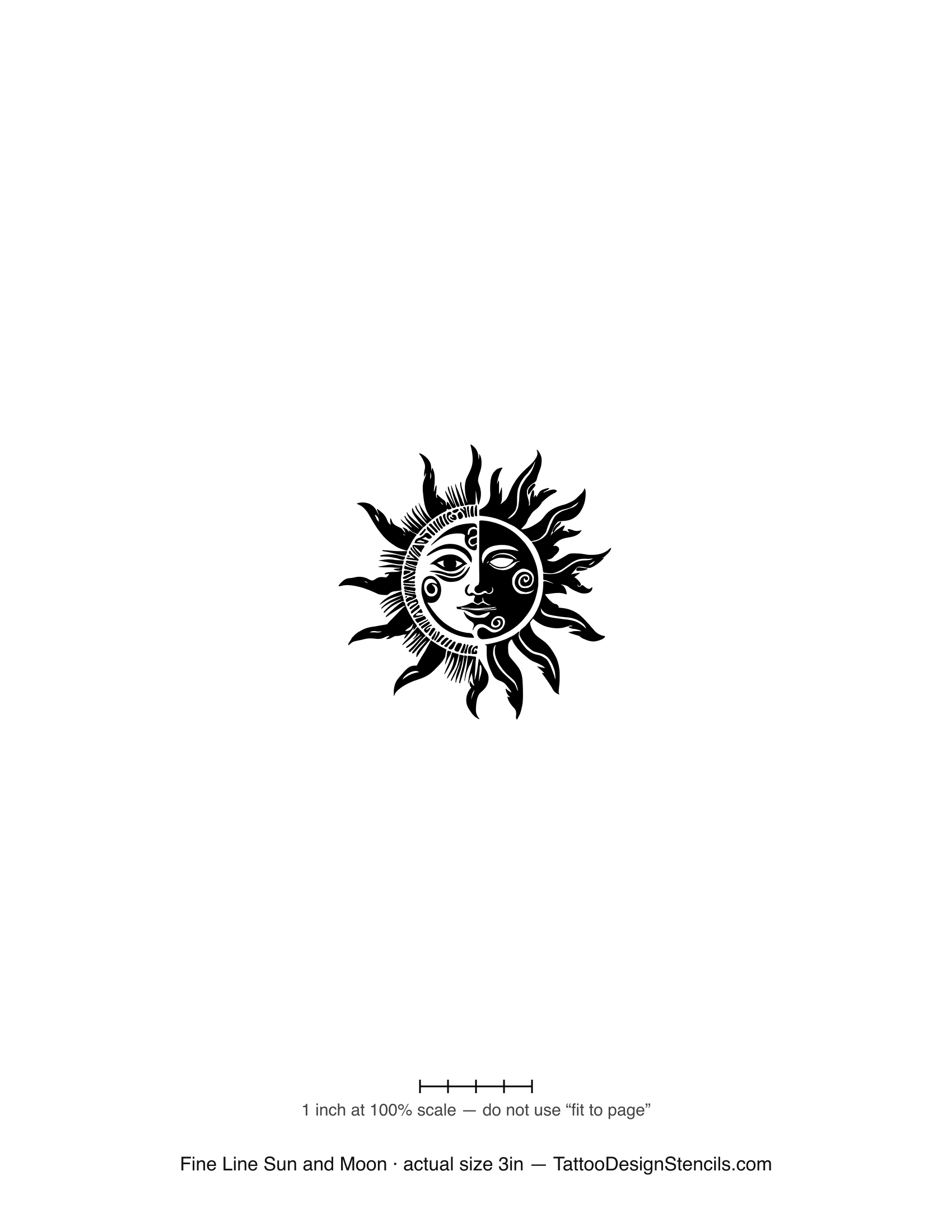 Fine line sun and moon tattoo stencil — delicate hairline celestial motif