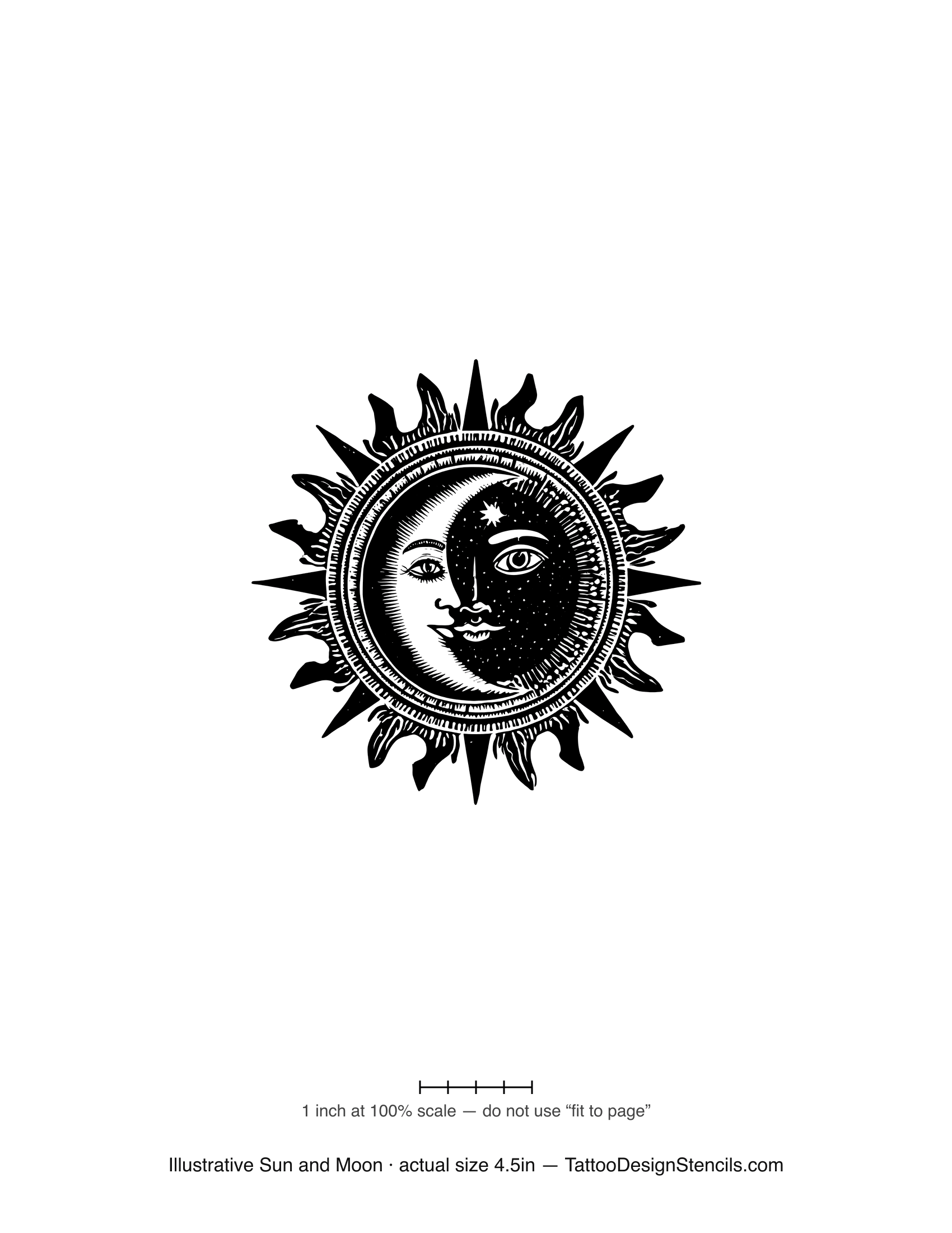 Illustrative sun and moon tattoo stencil — vintage engraving-style celestial motif