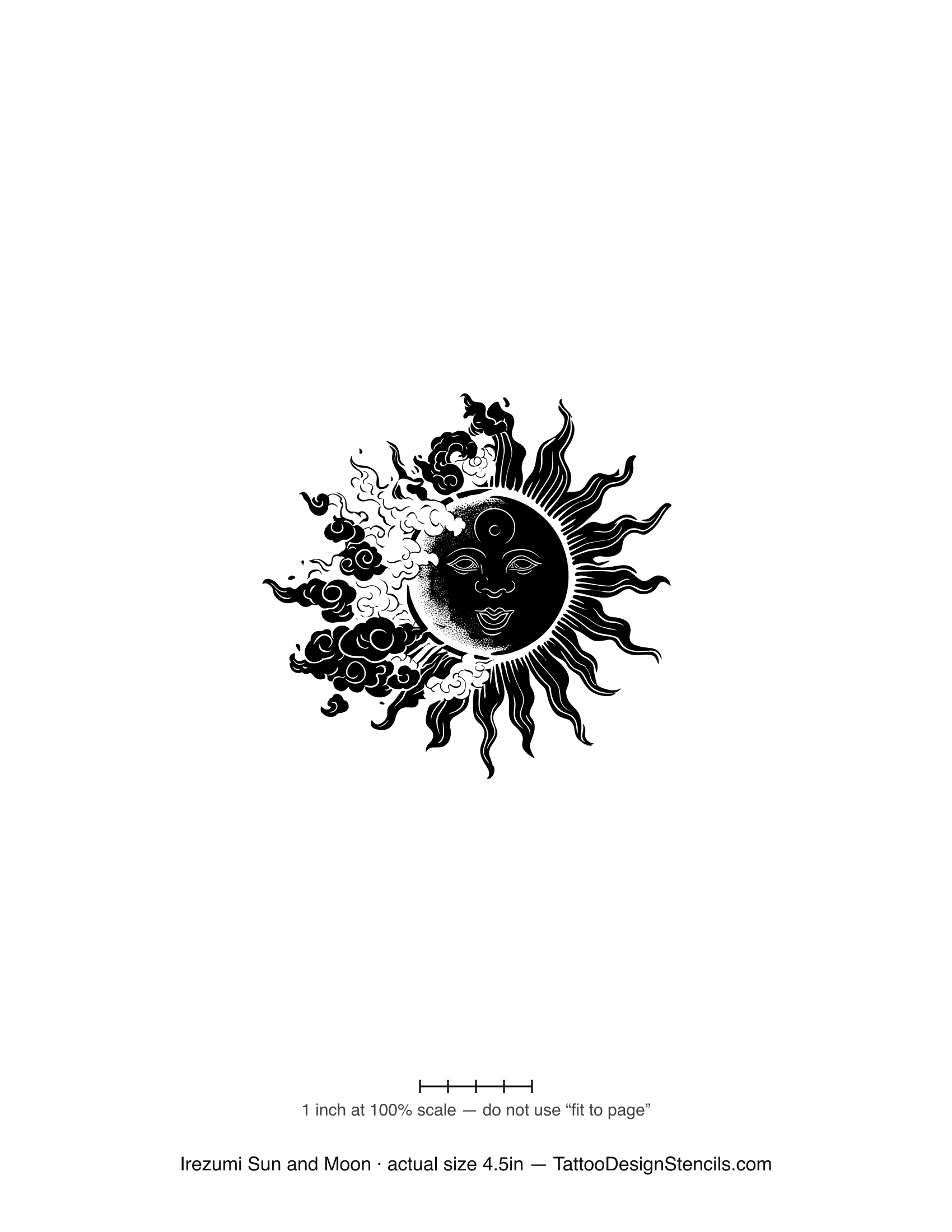 Japanese irezumi sun and moon tattoo stencil — celestial motif with cloud and wave work