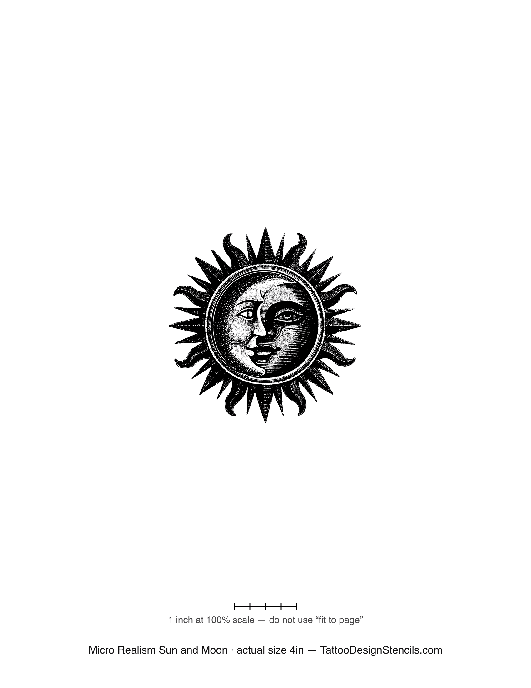 Micro realism sun and moon tattoo stencil — realistic engraved celestial faces