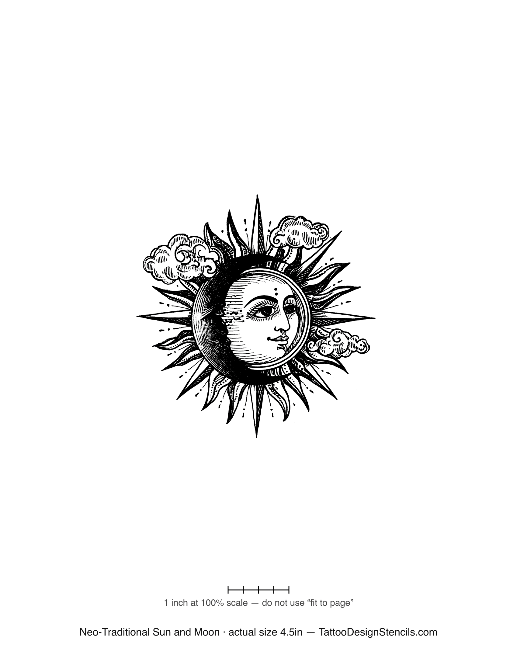 Neo-traditional sun and moon tattoo stencil — ornate rays and decorative cloud work