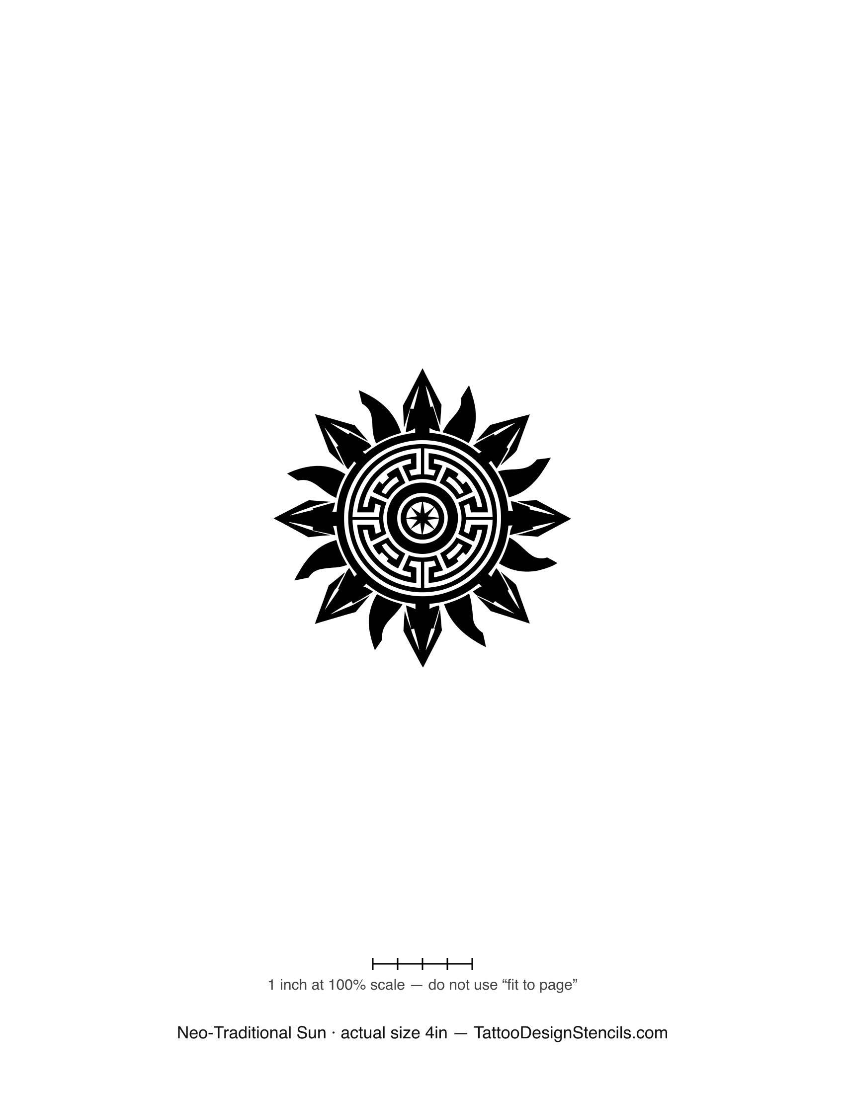 Neo-traditional sun tattoo stencil — ornate sun with Greek key ring and flame rays