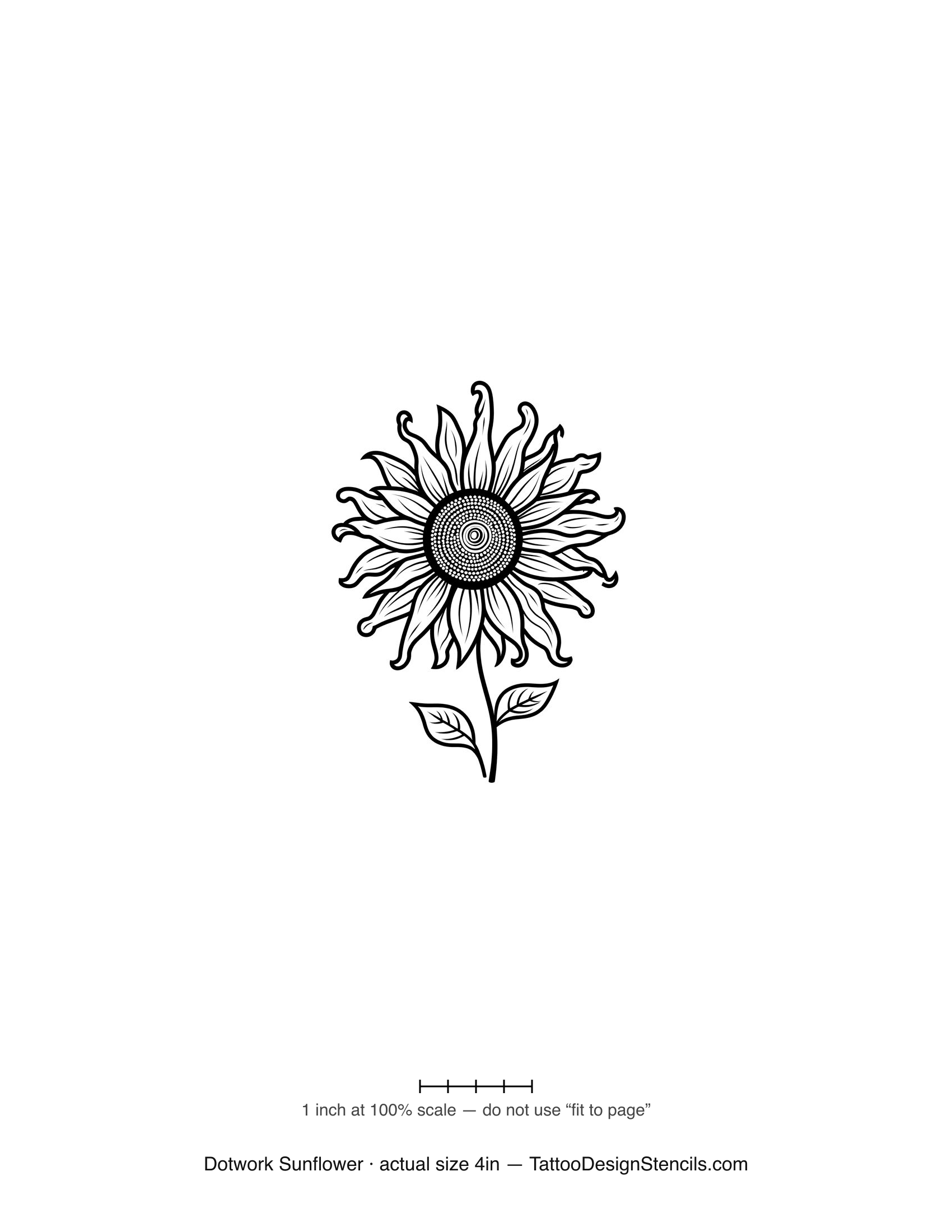 Dotwork sunflower tattoo stencil — spiralled seed head in fine stipple