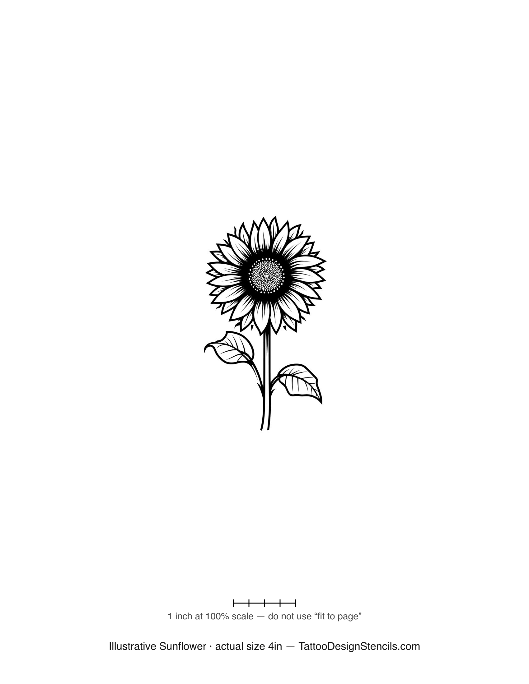 Illustrative sunflower tattoo stencil — detailed bloom on a curving stem