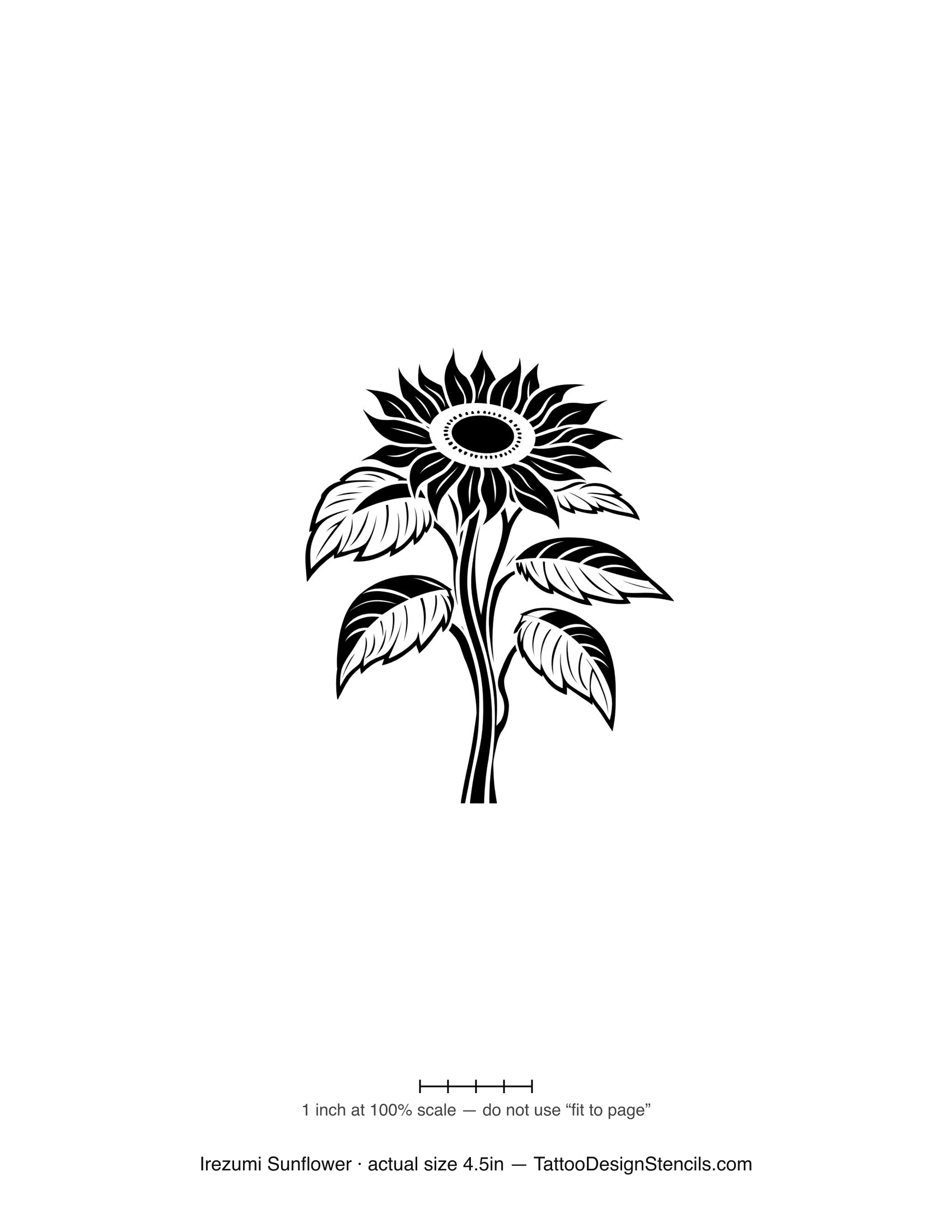 Japanese irezumi sunflower tattoo stencil — bold layered petals and leaves