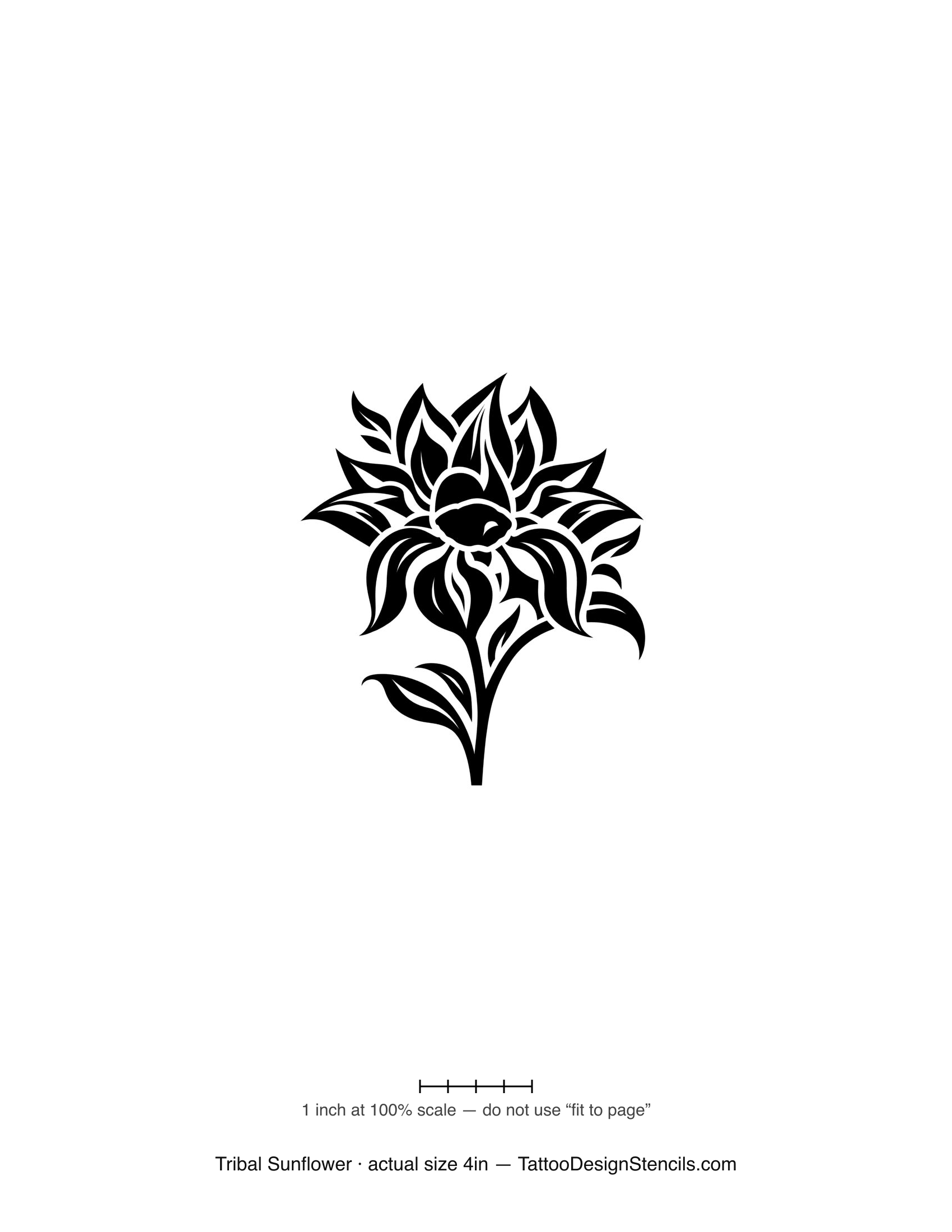 Tribal sunflower tattoo stencil — sweeping solid black petals and leaves