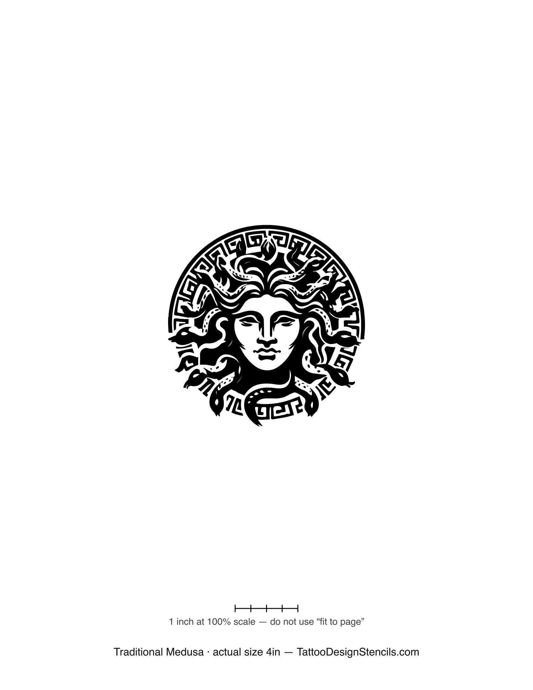 Traditional Medusa tattoo stencil — Greek coin style portrait with snakes