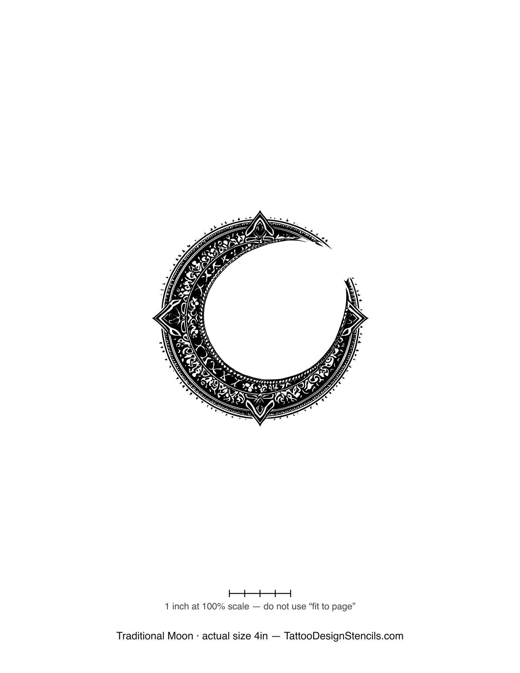 Traditional ornamental crescent moon tattoo stencil with filigree detail