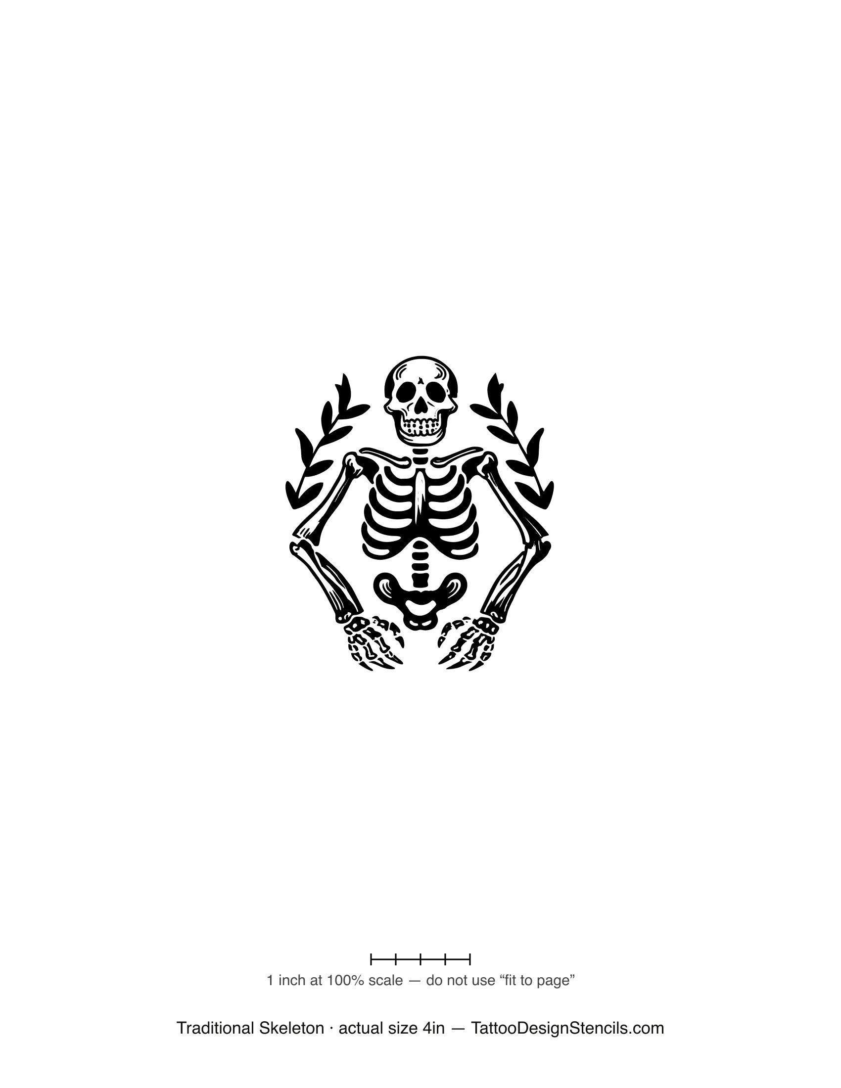 Traditional skeleton tattoo stencil — skeleton with laurel sprigs, flash style