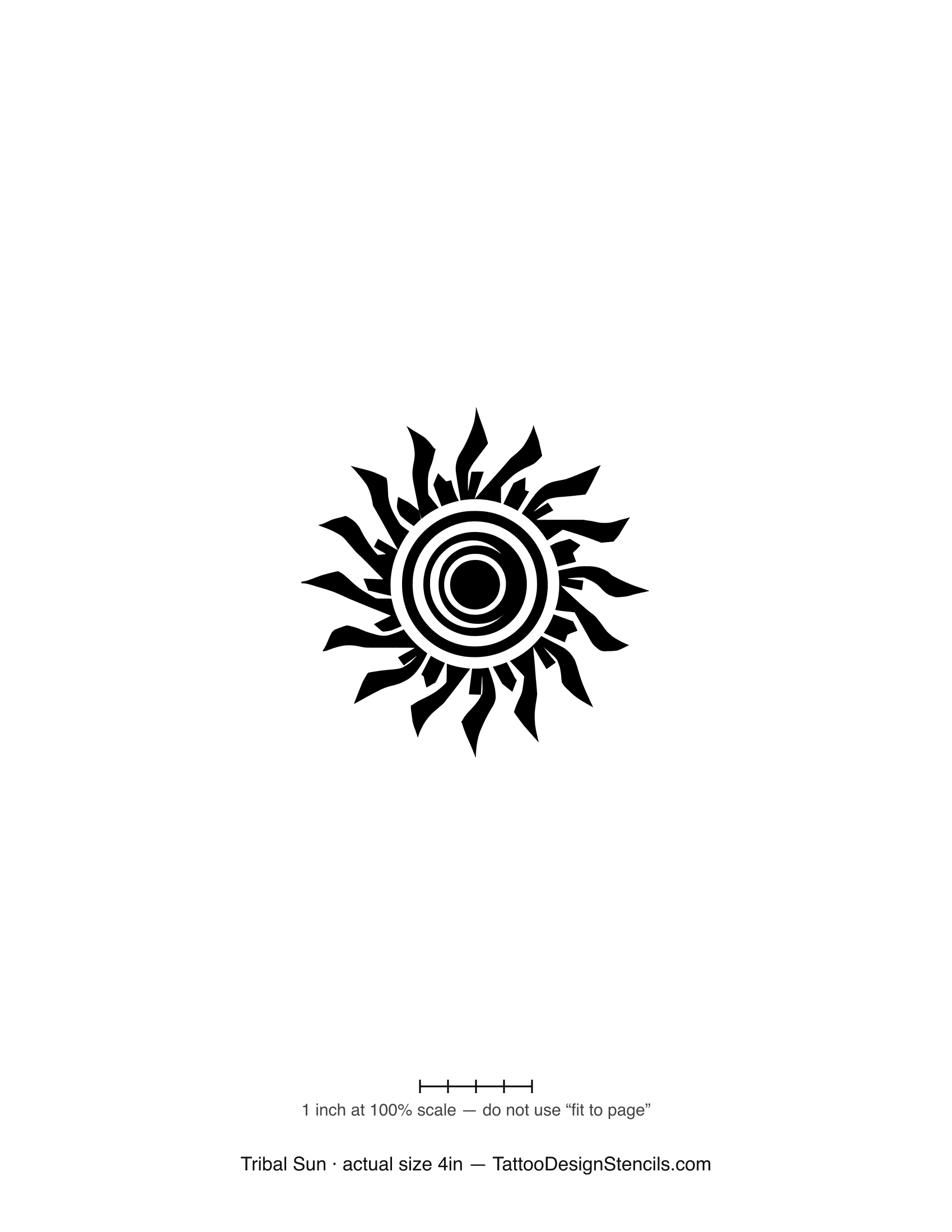 Tribal sun tattoo stencil — flaming rays around concentric rings