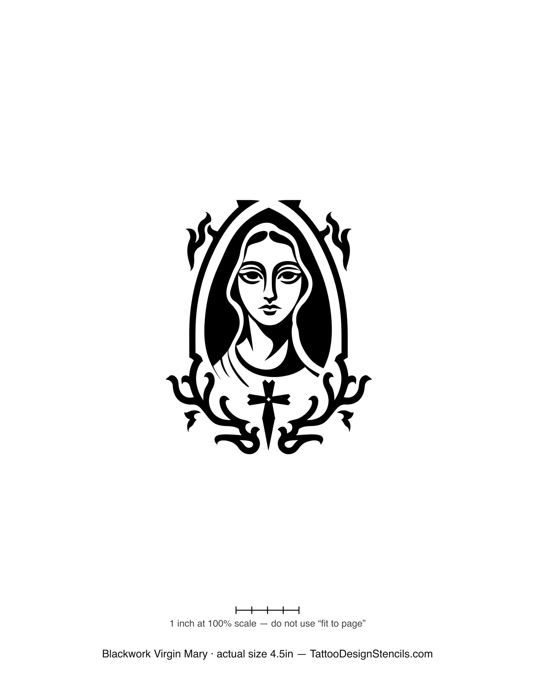 Blackwork Virgin Mary tattoo stencil — bold veiled figure in an ornate border