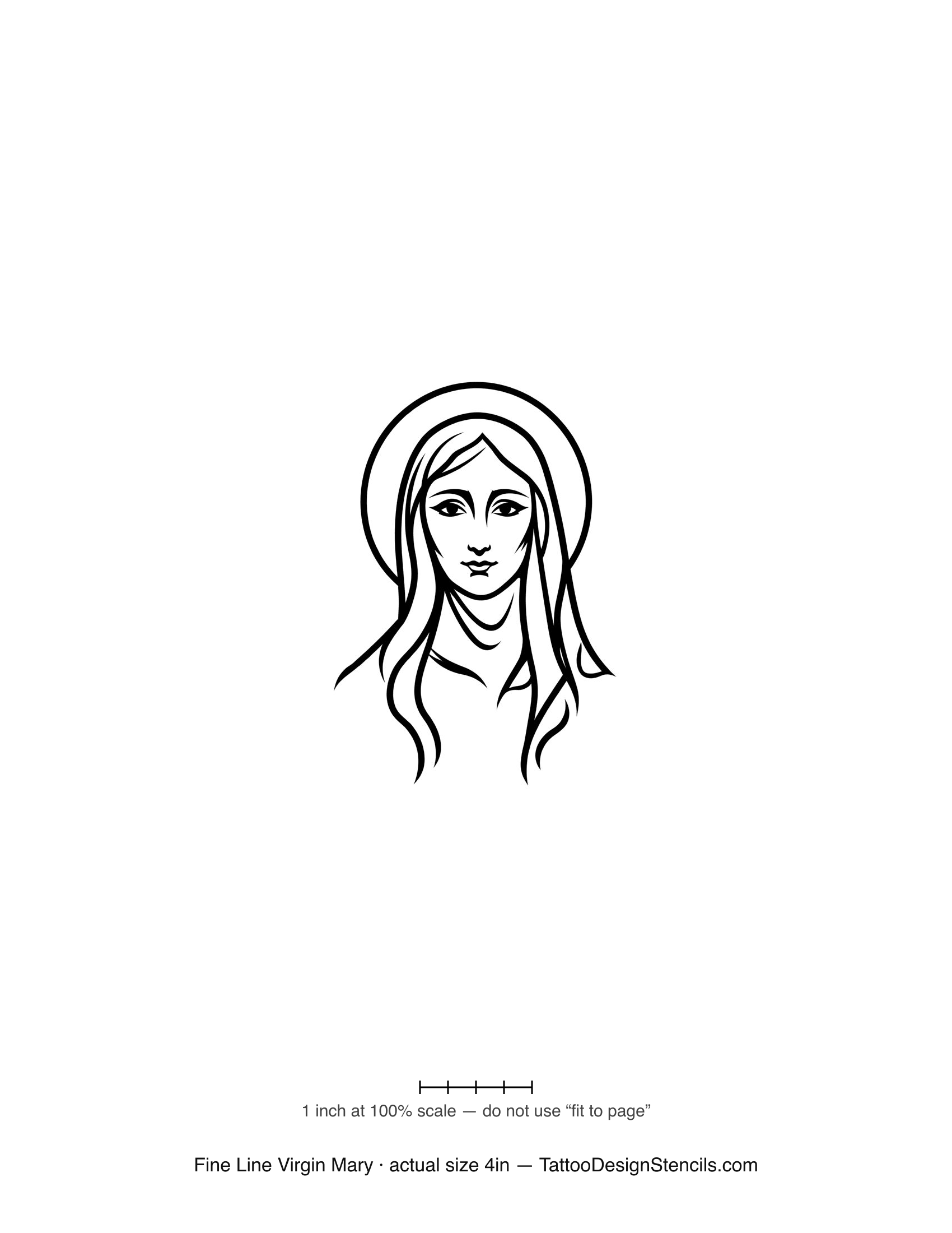 Fine line Virgin Mary tattoo stencil — delicate haloed portrait in thin linework