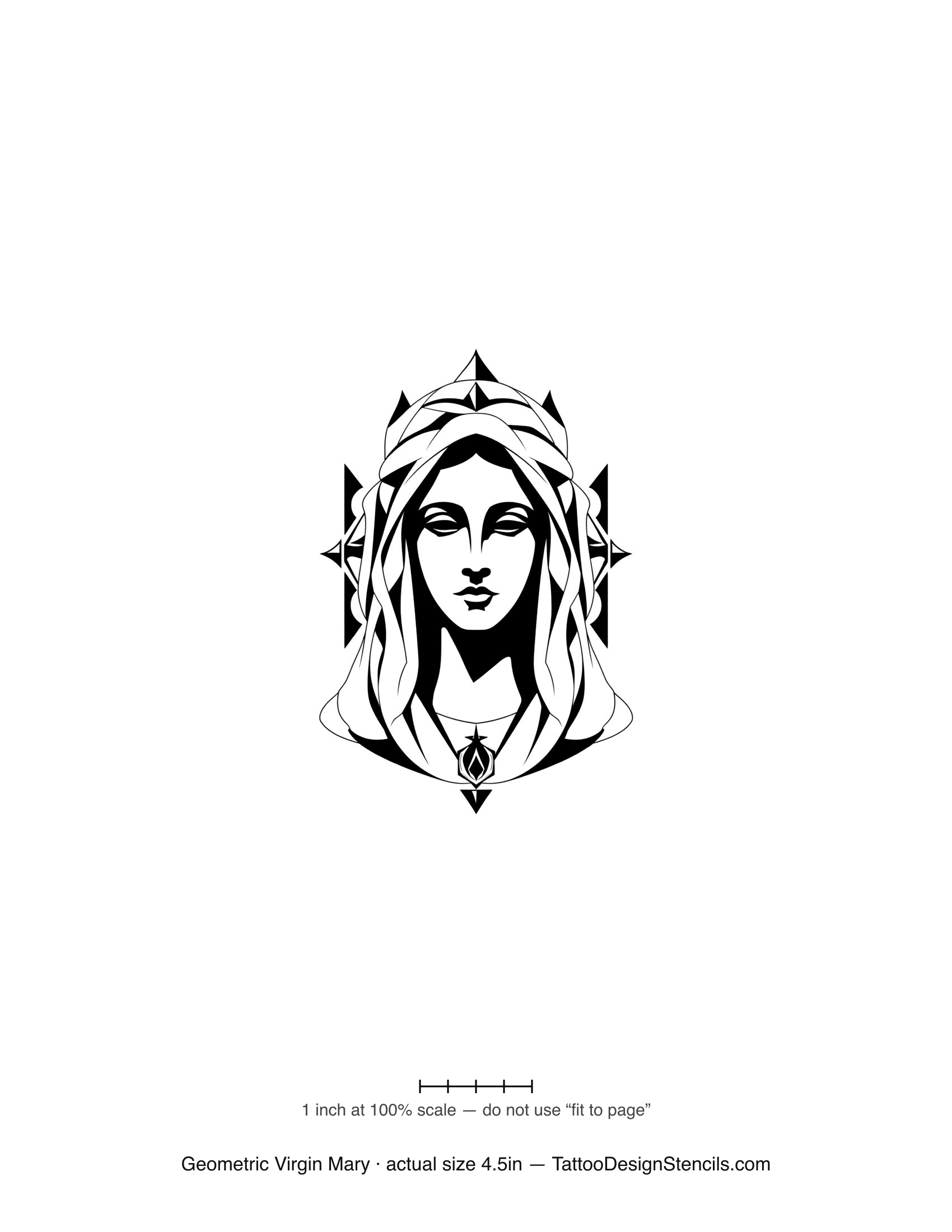 Geometric Virgin Mary tattoo stencil — veiled portrait framed by geometric points