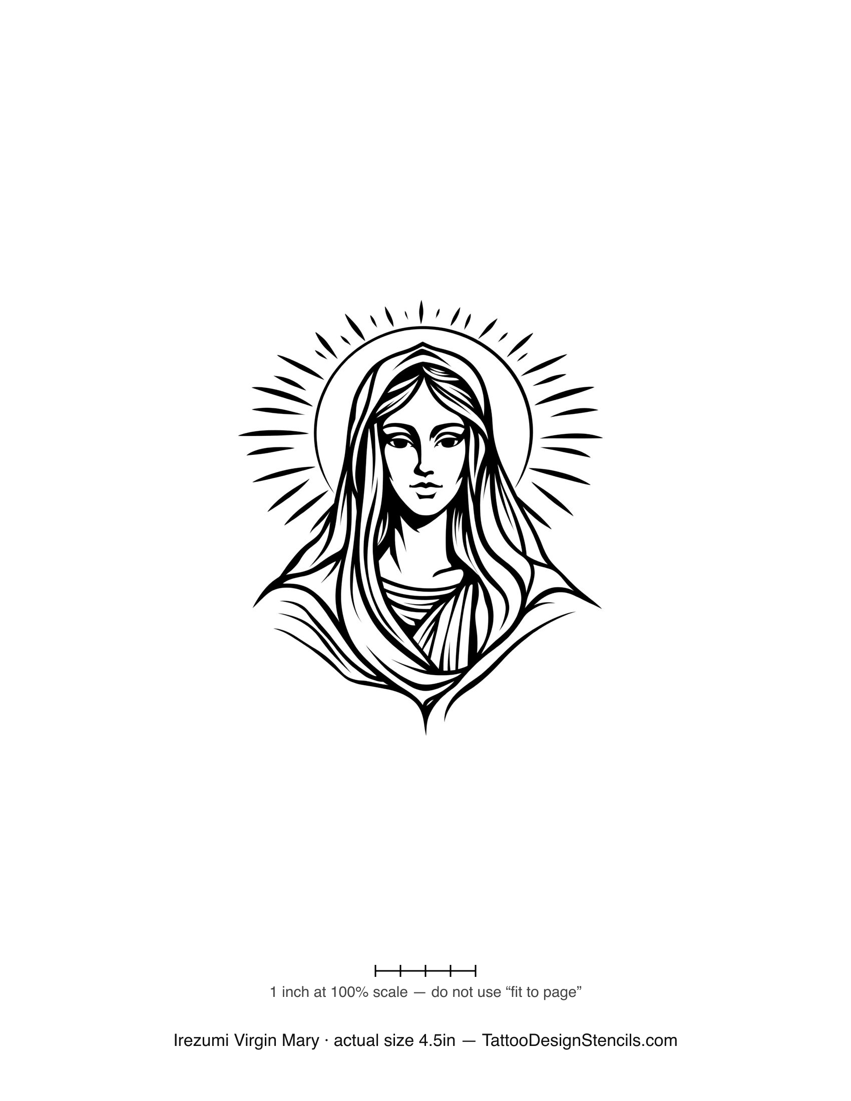 Japanese irezumi Virgin Mary tattoo stencil — radiant rayed halo portrait