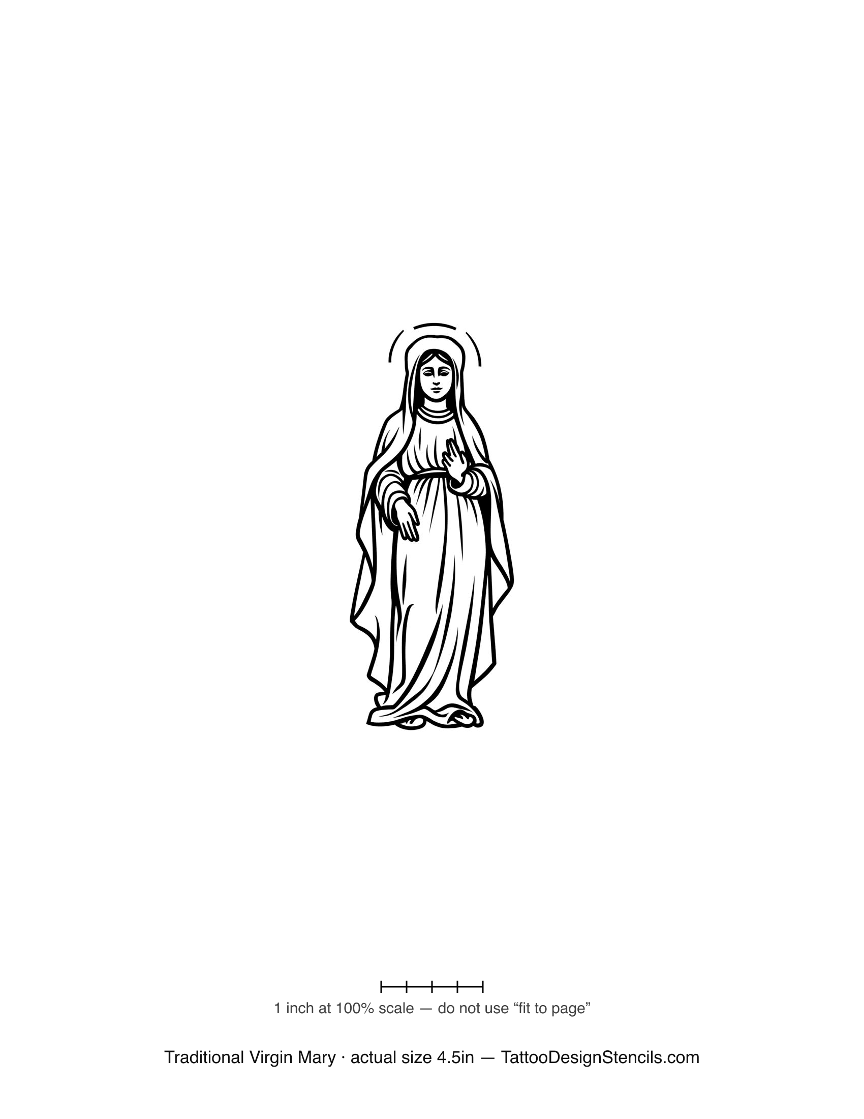 Traditional Virgin Mary tattoo stencil — bold flash statue with radiant halo