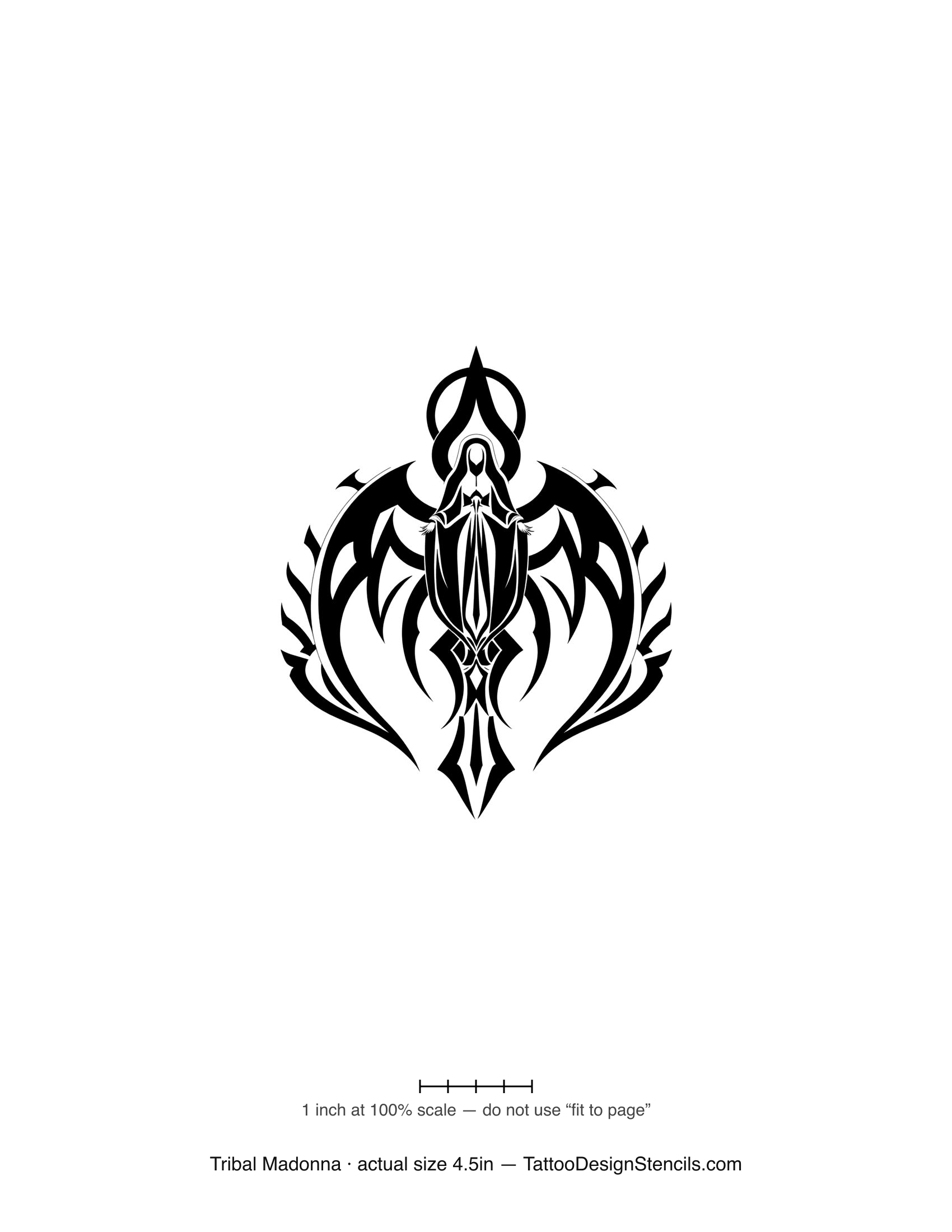 Tribal Madonna tattoo stencil — veiled figure in bold symmetric blackwork